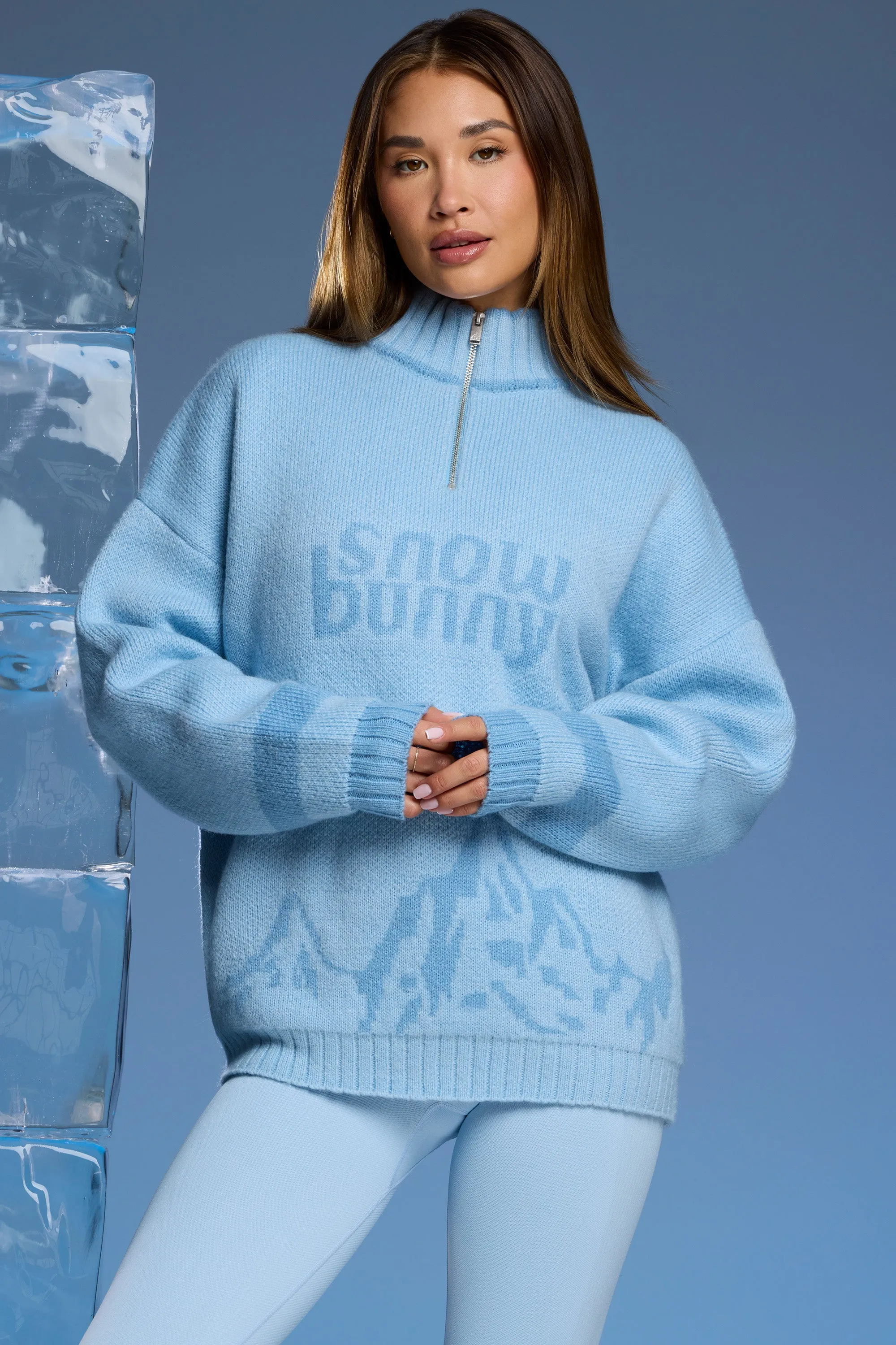 Oversized Half Zip Chunky Knit Jumper in Baby Blue