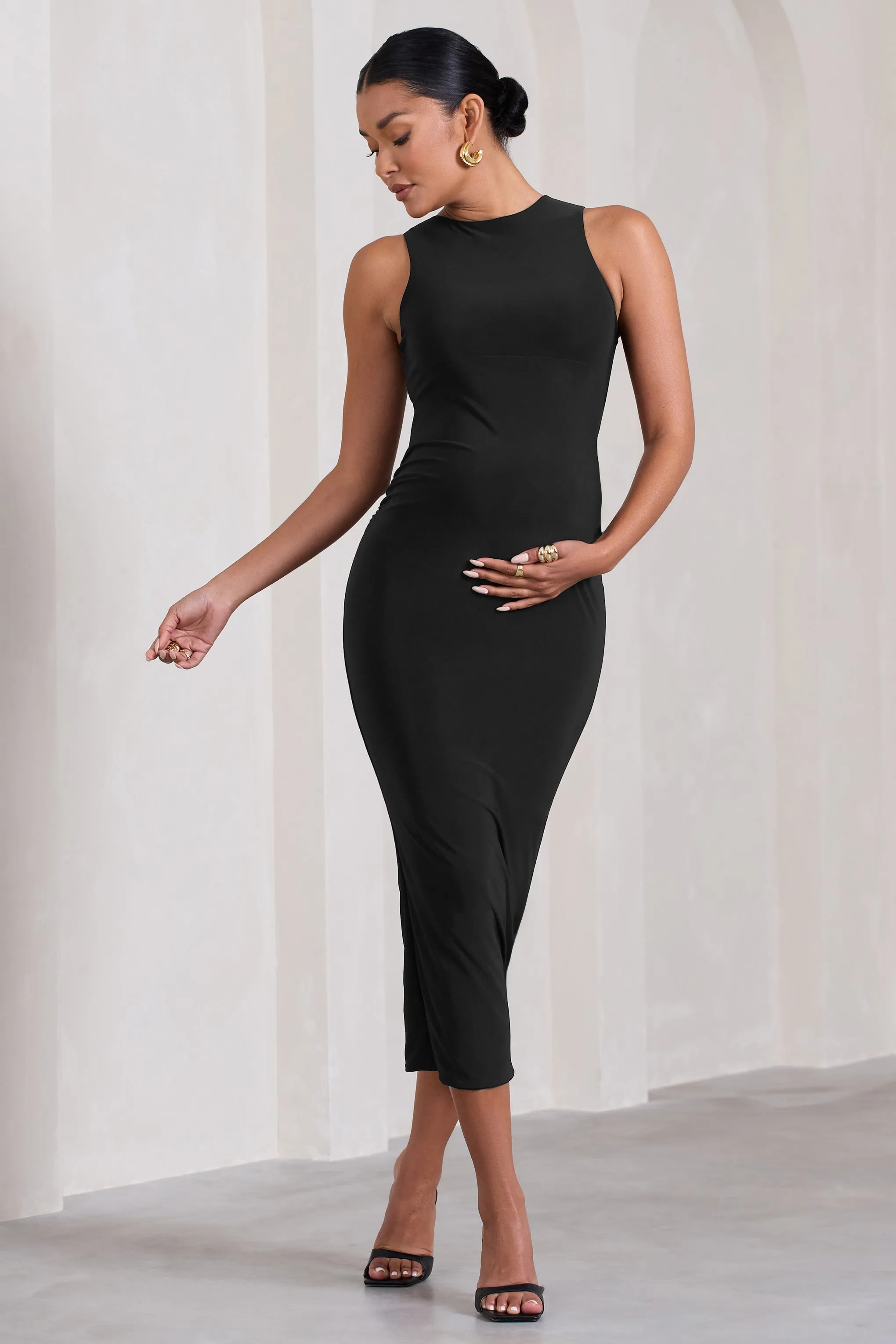 Paige | Black Sleeveless Split Maternity Midi Dress