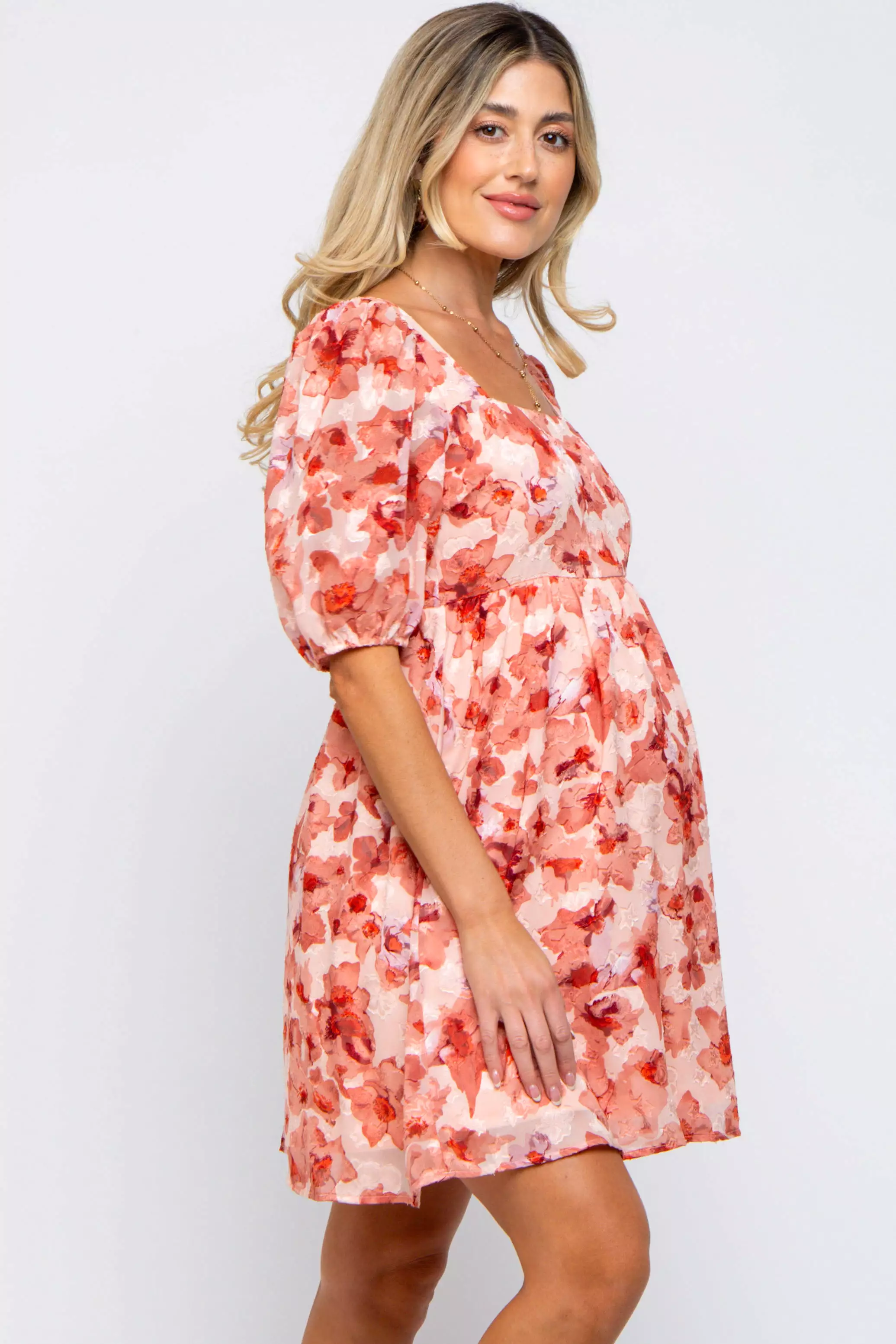 Peach Floral Square Neck Puff Short Sleeve Maternity Dress