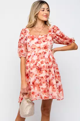 Peach Floral Square Neck Puff Short Sleeve Maternity Dress