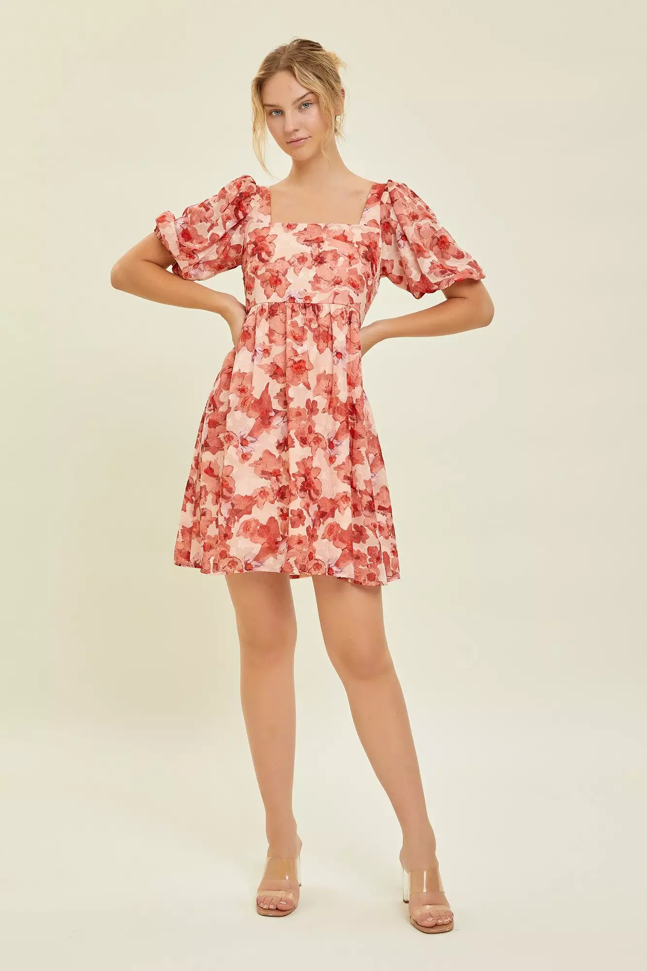 Peach Floral Square Neck Puff Short Sleeve Maternity Dress