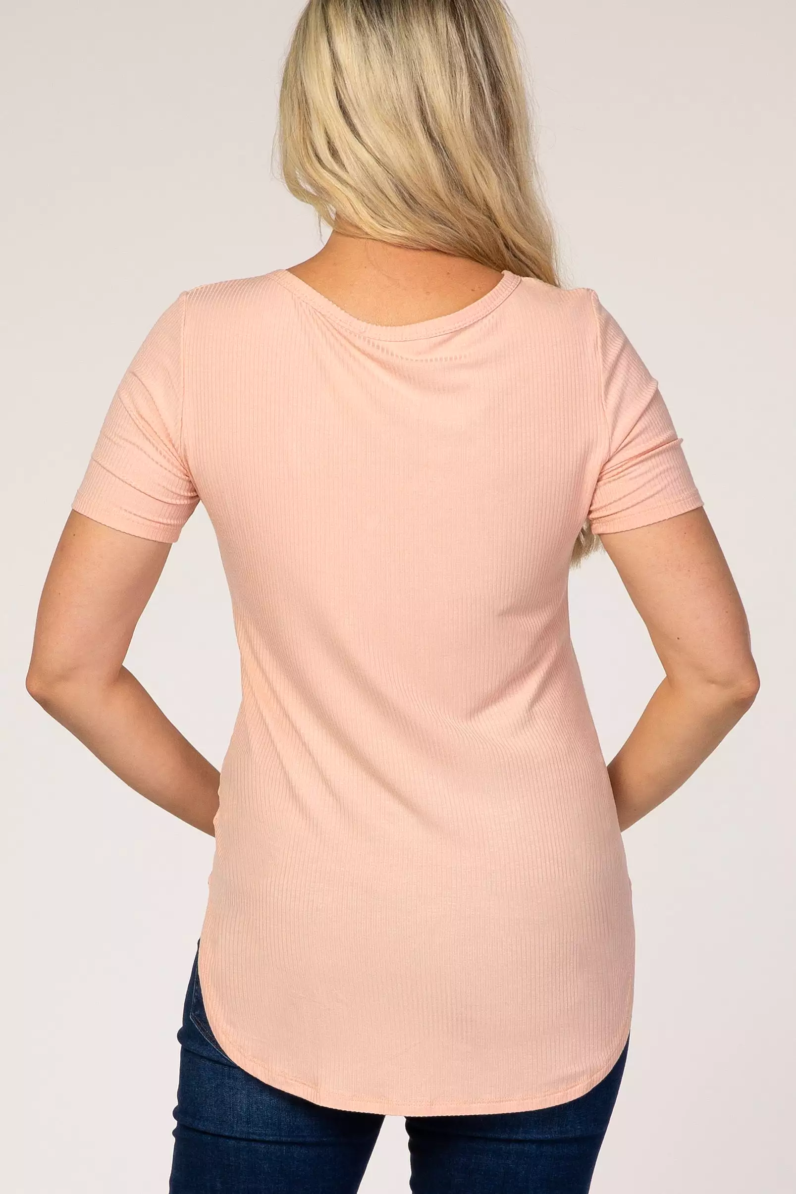 Peach Ribbed Short Sleeve Button Detail Maternity Top