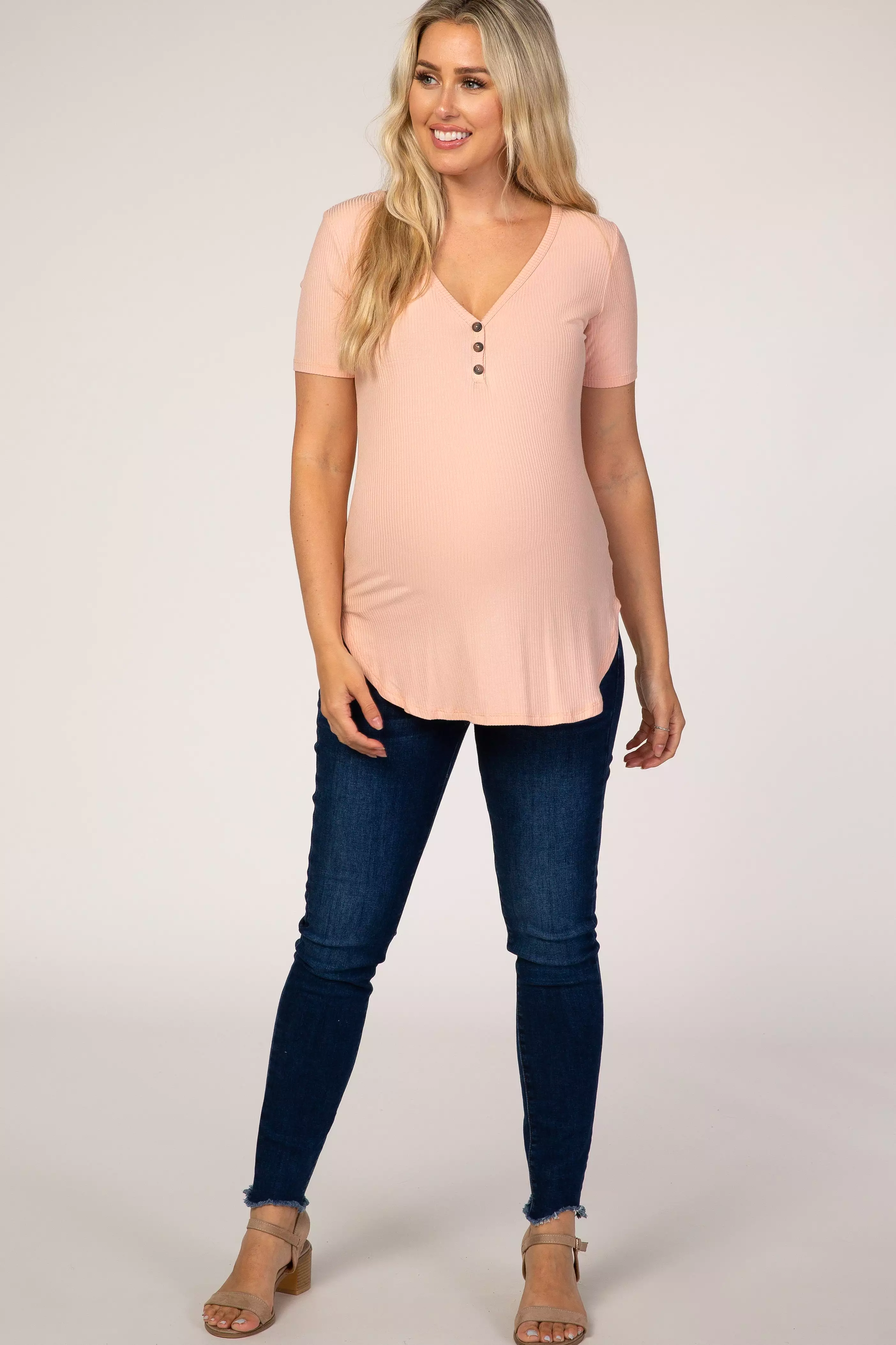 Peach Ribbed Short Sleeve Button Detail Maternity Top