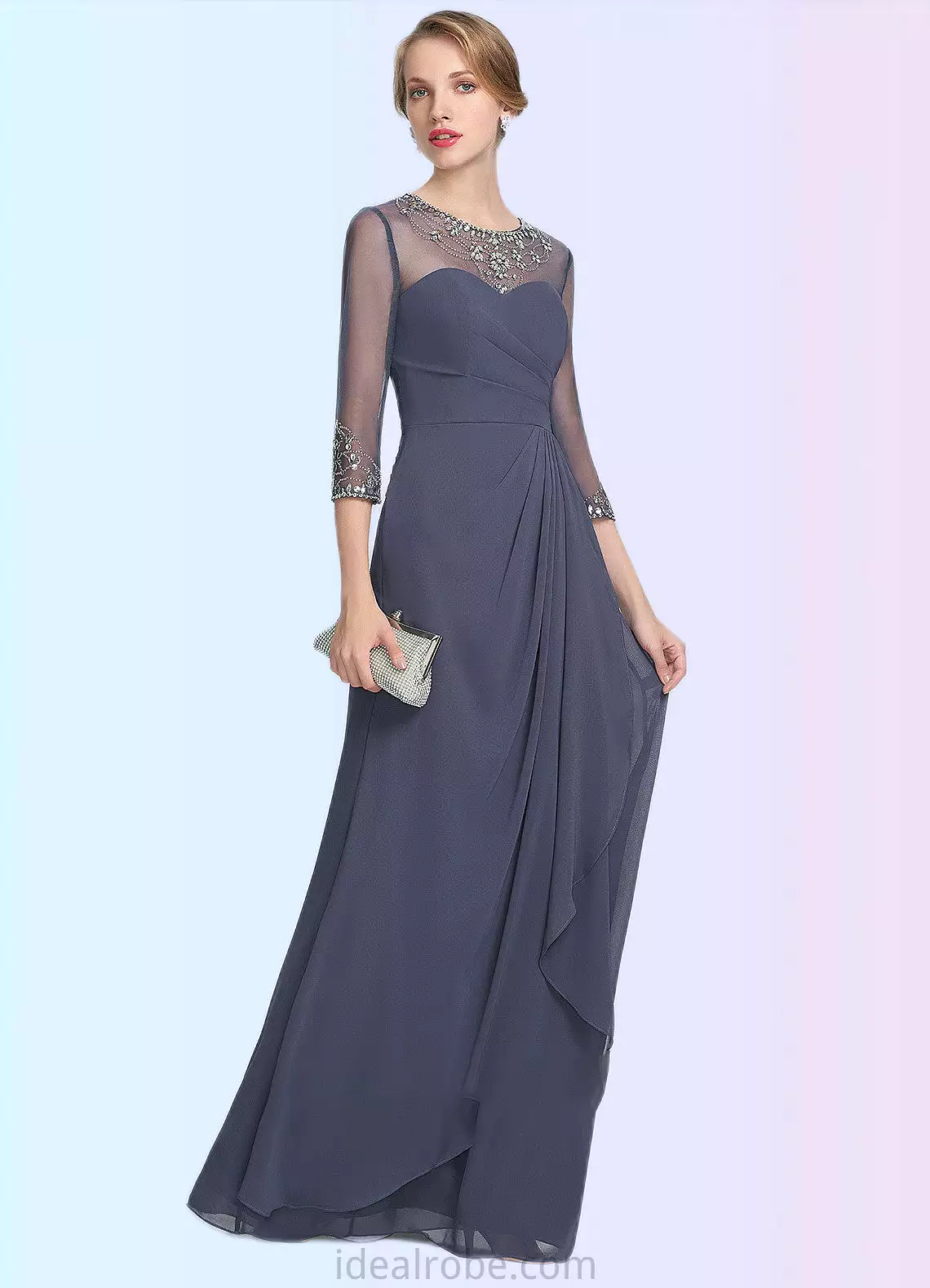 Penelope A-Line Scoop Neck Floor-Length Chiffon Mother of the Bride Dress With Beading Sequins Cascading Ruffles STK126P0014921