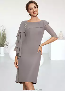 Peyton Sheath/Column Scoop Neck Knee-Length Chiffon Mother of the Bride Dress With Crystal Brooch Cascading Ruffles STK126P00149