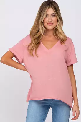 Pink Basic Rolled Short Sleeve Maternity Top