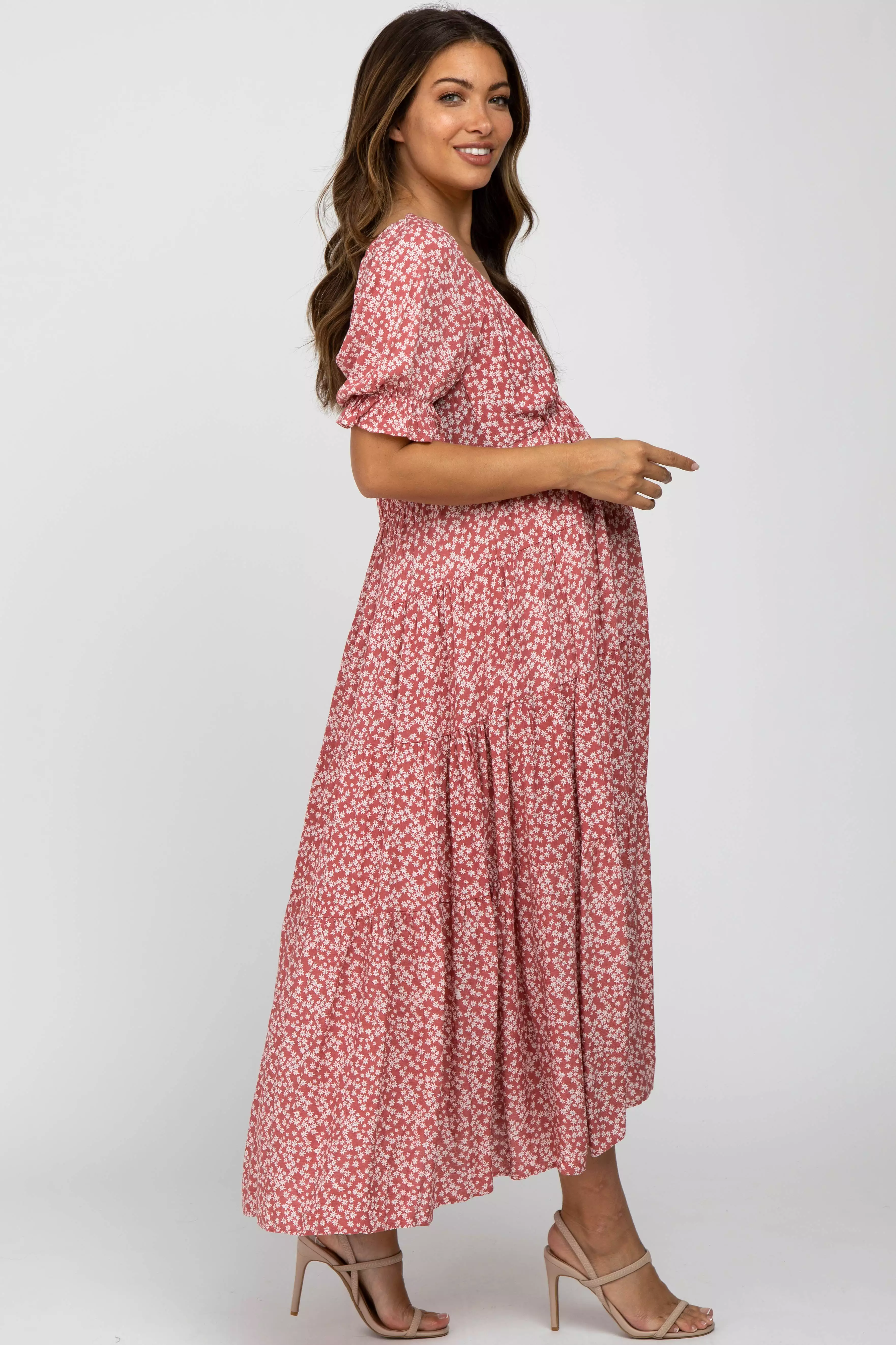 Pink Floral Floral V-Neck Ruffle Sleeve Maternity Midi Dress