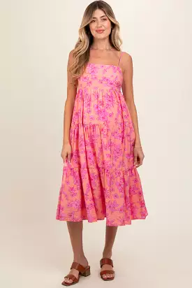 Pink Floral Sleeveless Tiered Maternity Midi Dress