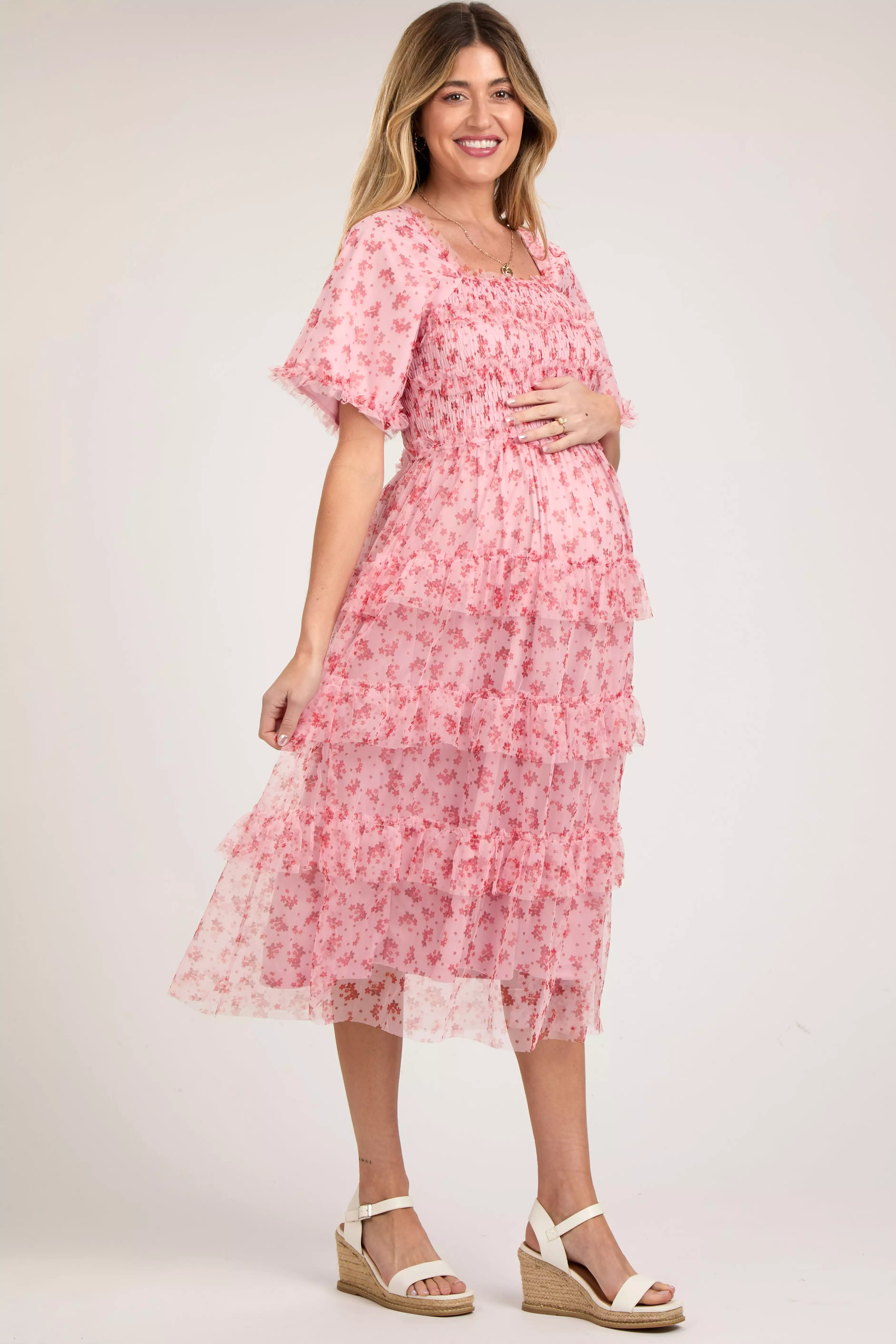 Pink Floral Tulle Smocked Ruffle Tiered Maternity Midi Dress