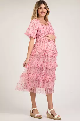 Pink Floral Tulle Smocked Ruffle Tiered Maternity Midi Dress