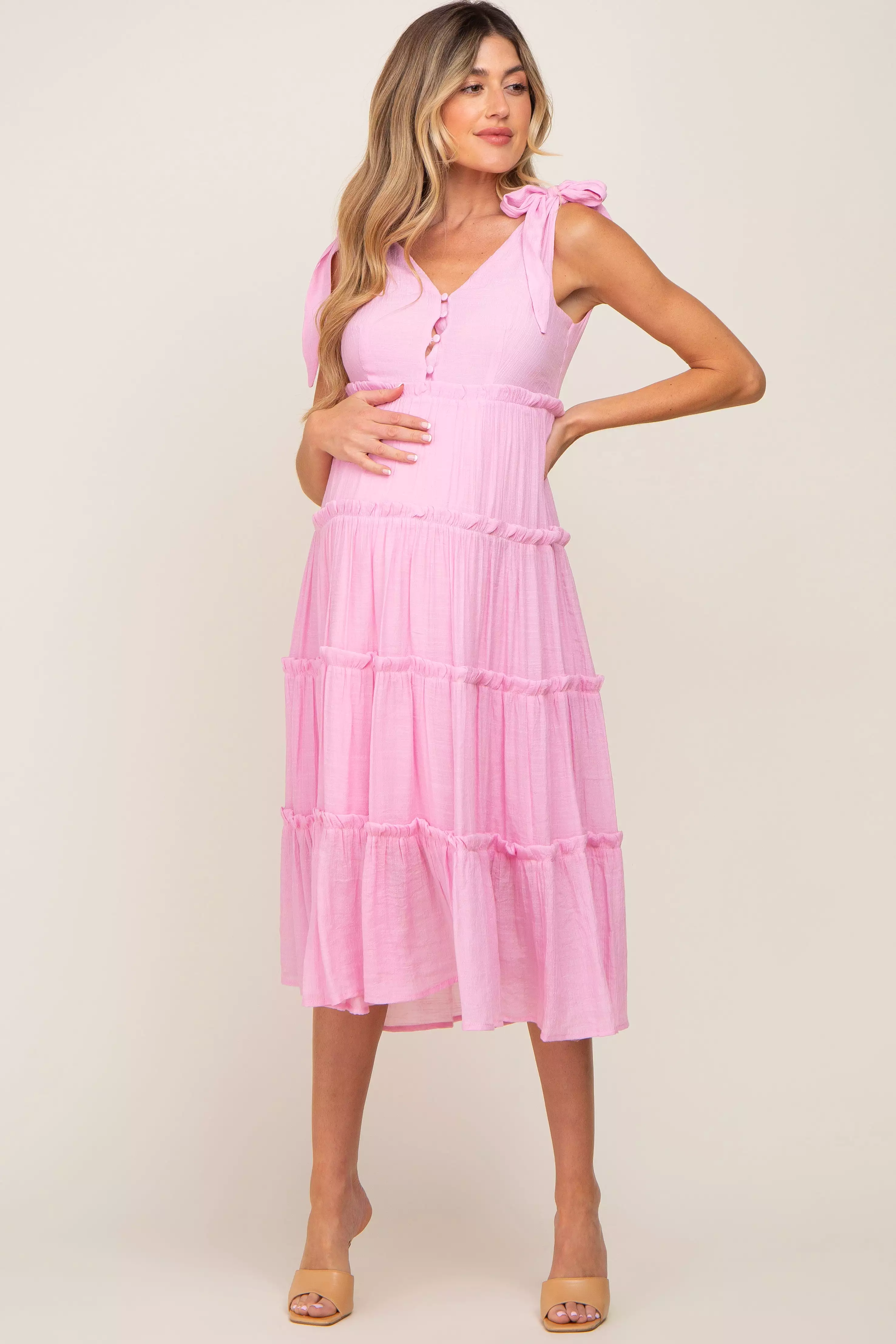 Pink Linen Button Front Shoulder Tie Tiered Maternity Midi Dress