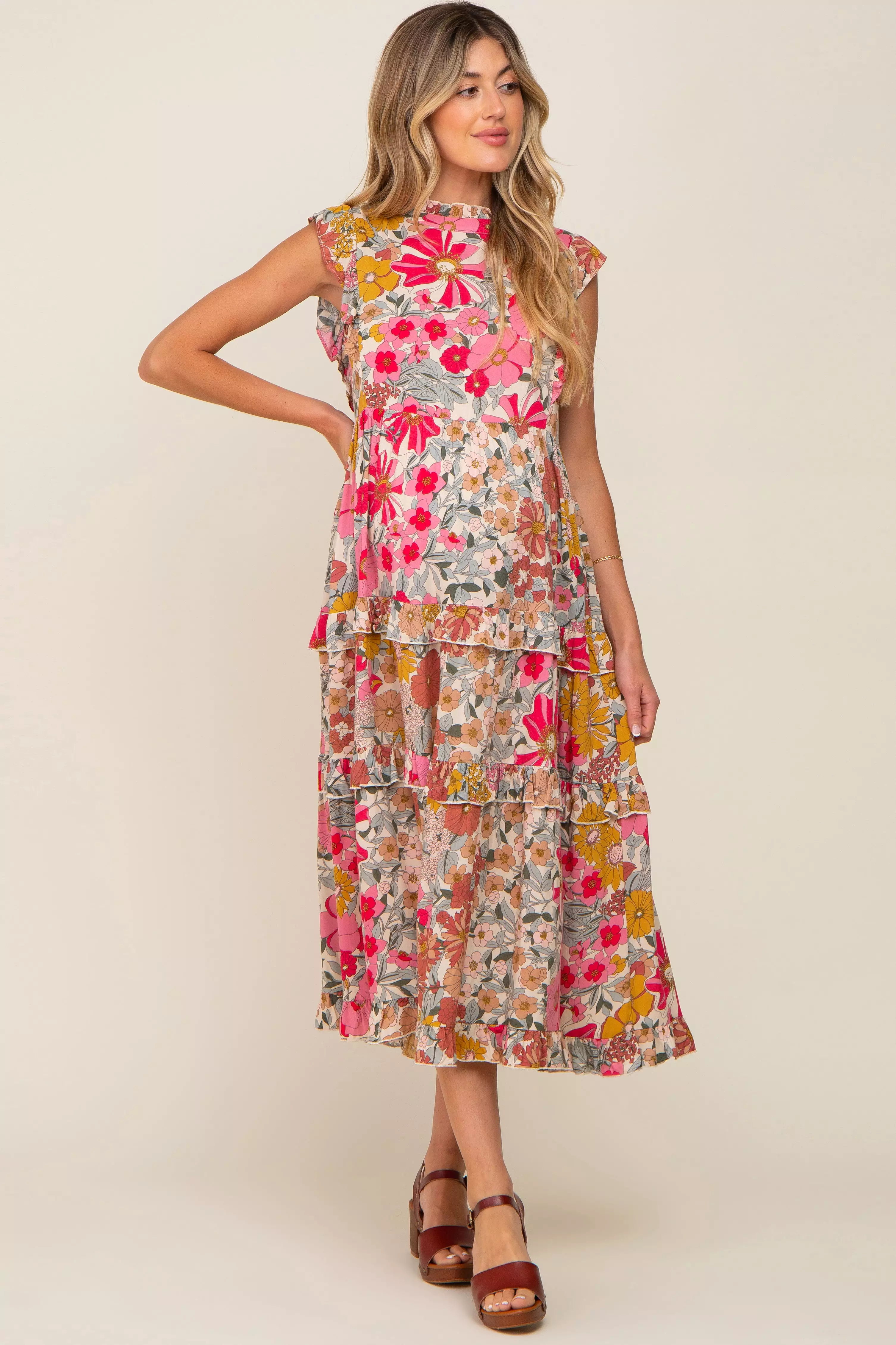 Pink Retro Floral Ruffle Tiered Maternity Midi Dress