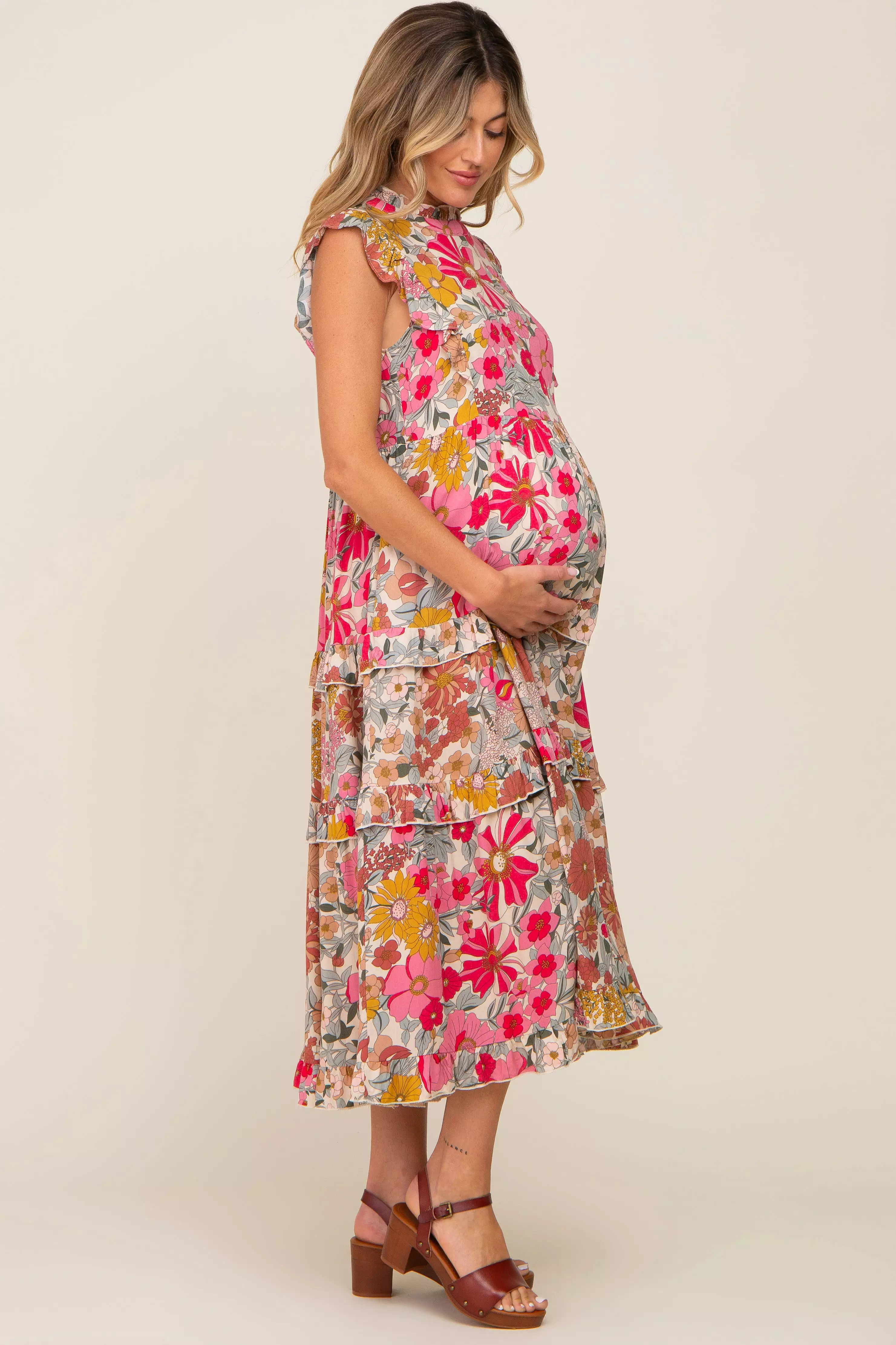 Pink Retro Floral Ruffle Tiered Maternity Midi Dress