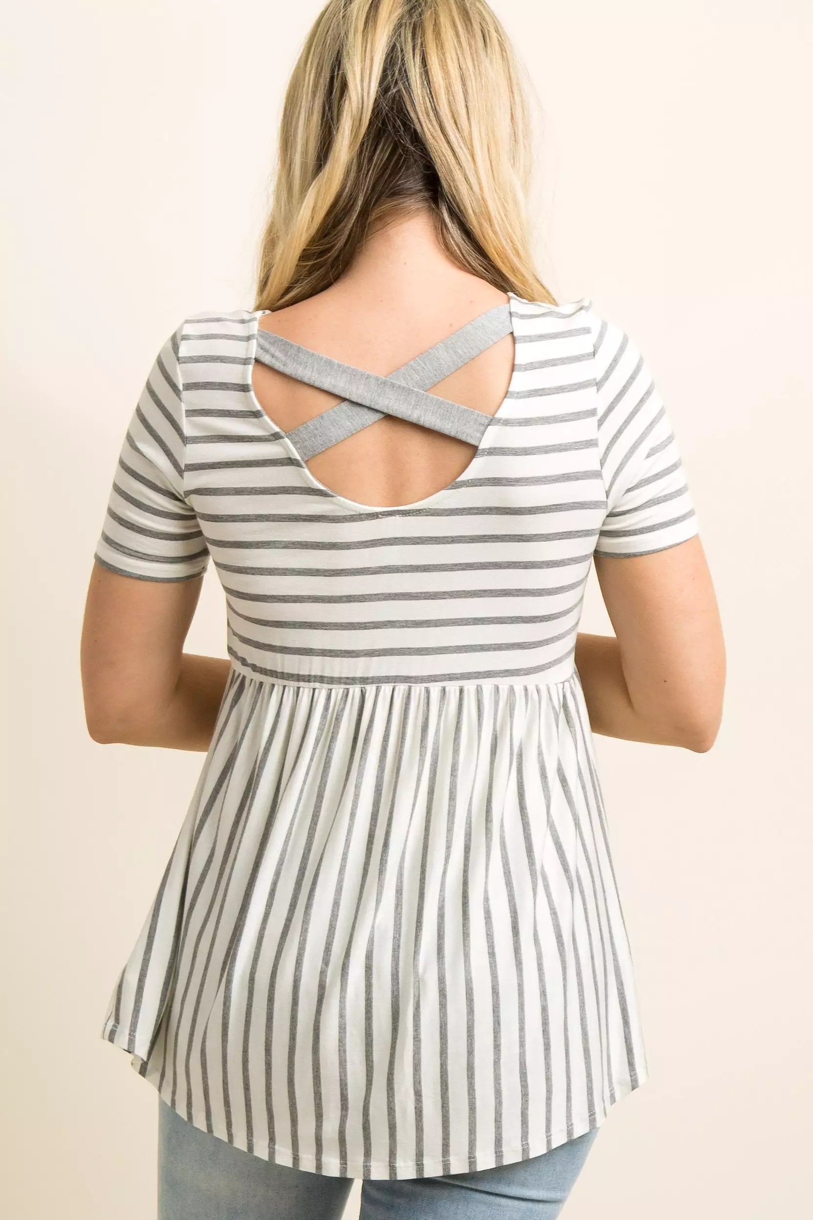 PinkBlush Grey Striped Crisscross Back Peplum Maternity Top