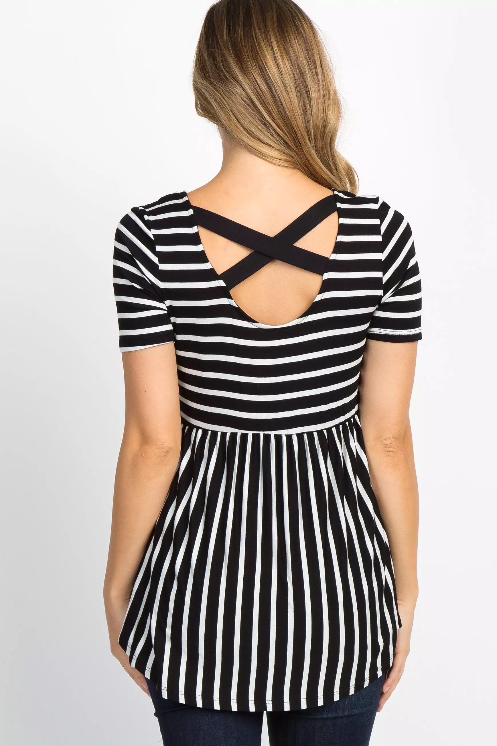 PinkBlush Ivory Striped Crisscross Back Maternity Top