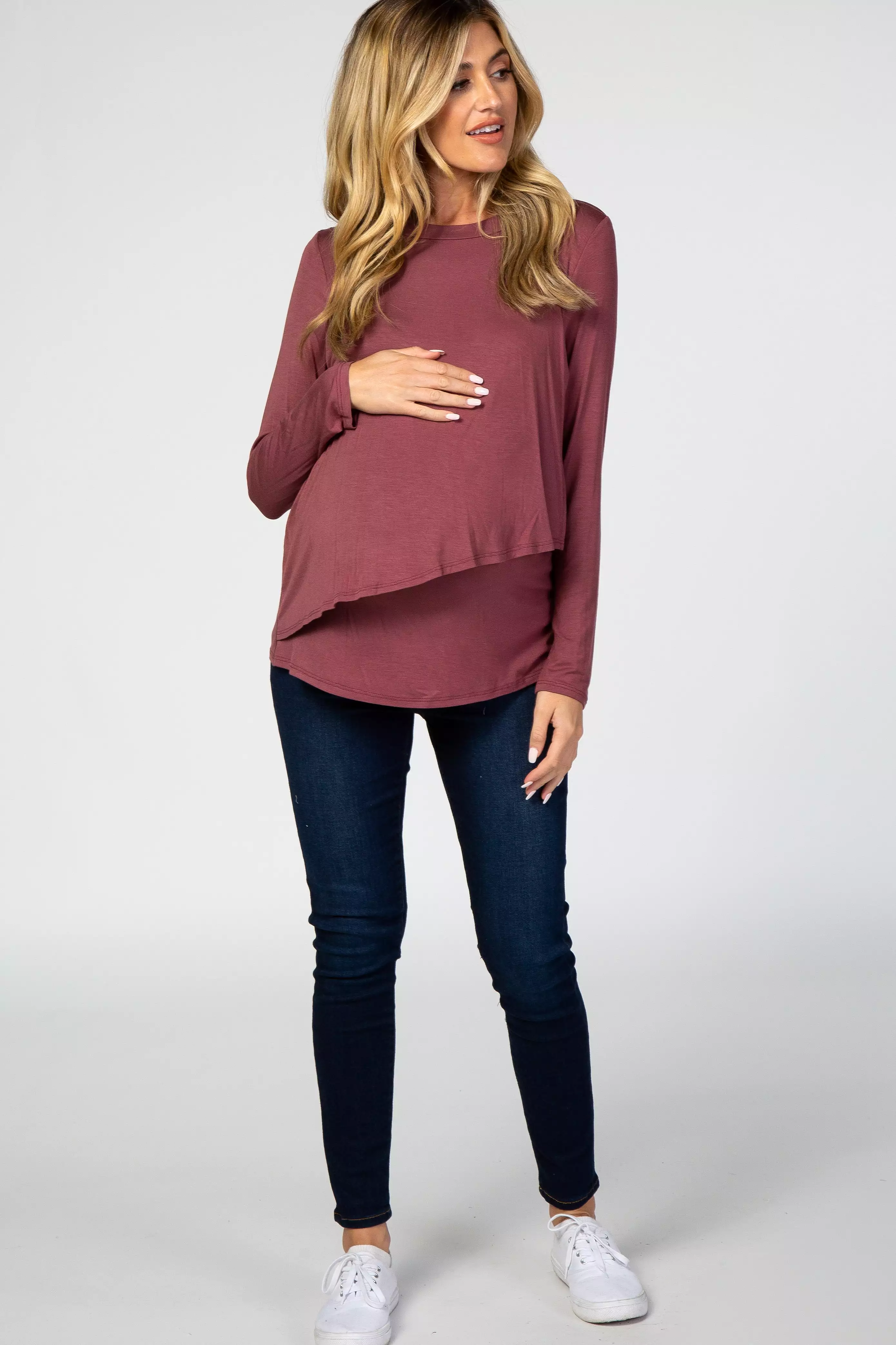 PinkBlush Mauve Solid Layered Front Long Sleeve Maternity/Nursing Top