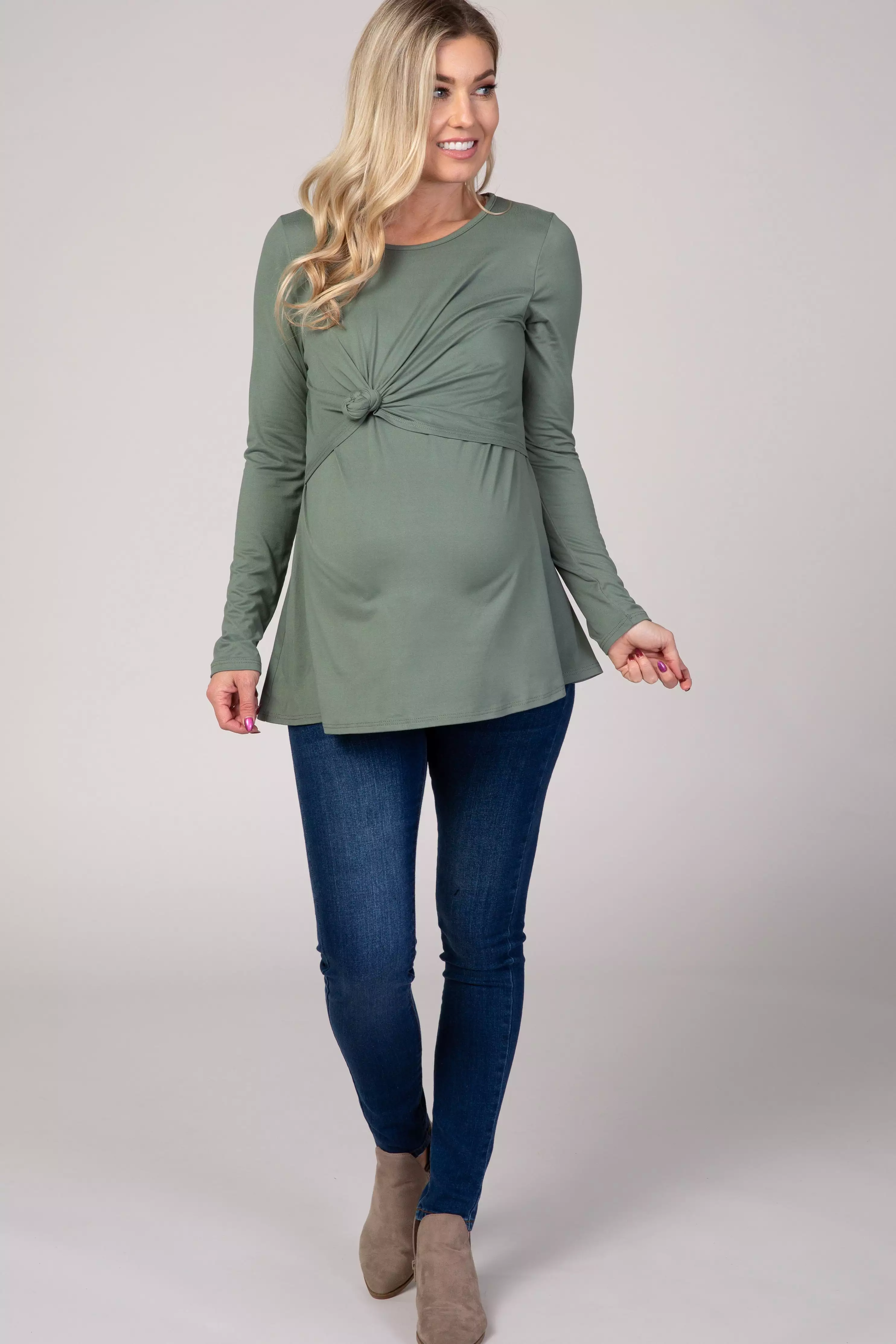 PinkBlush Olive Front Knot Long Sleeve Maternity Nursing Top