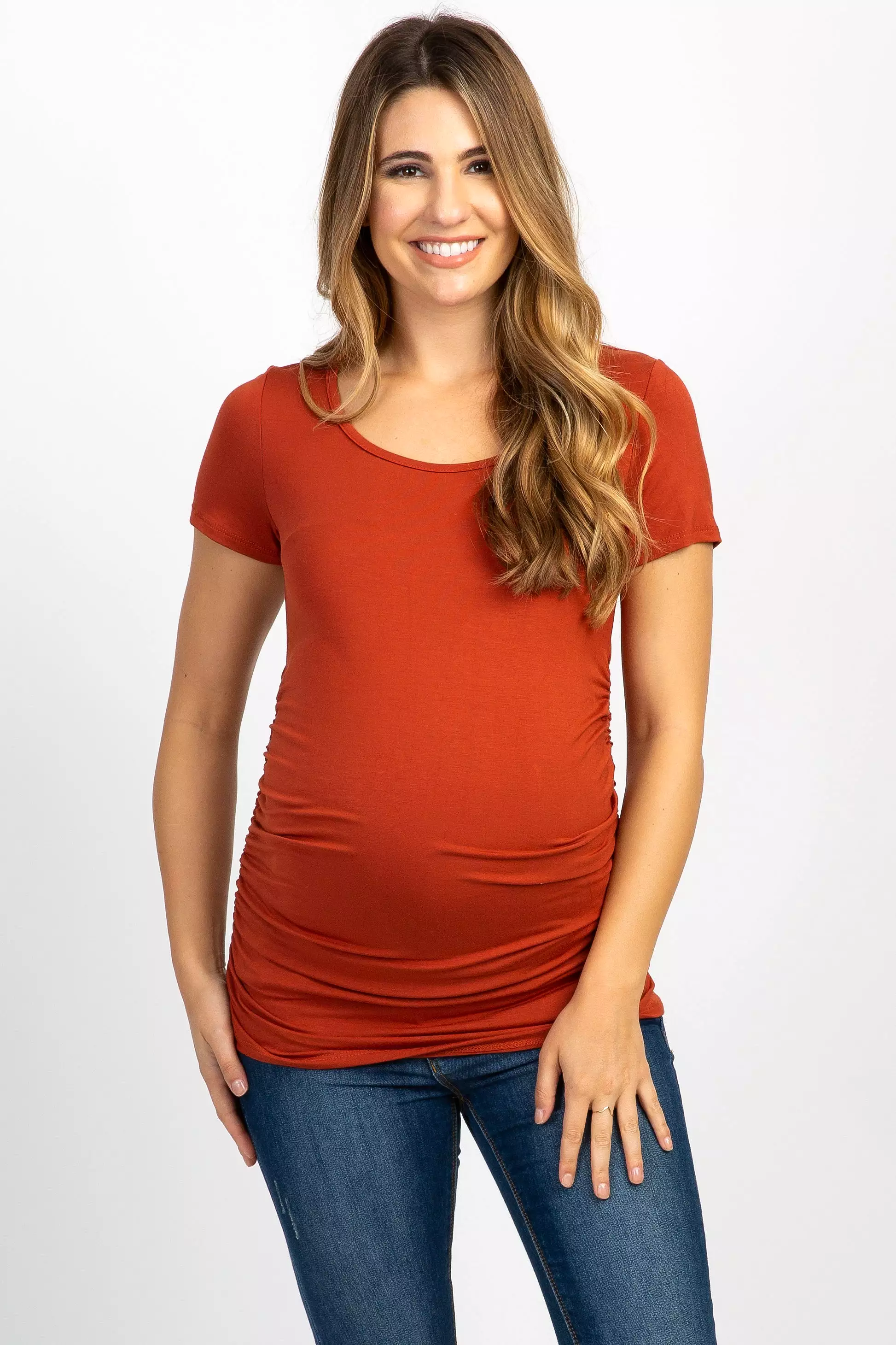 PinkBlush Rust Ruched Short Sleeve Maternity Top