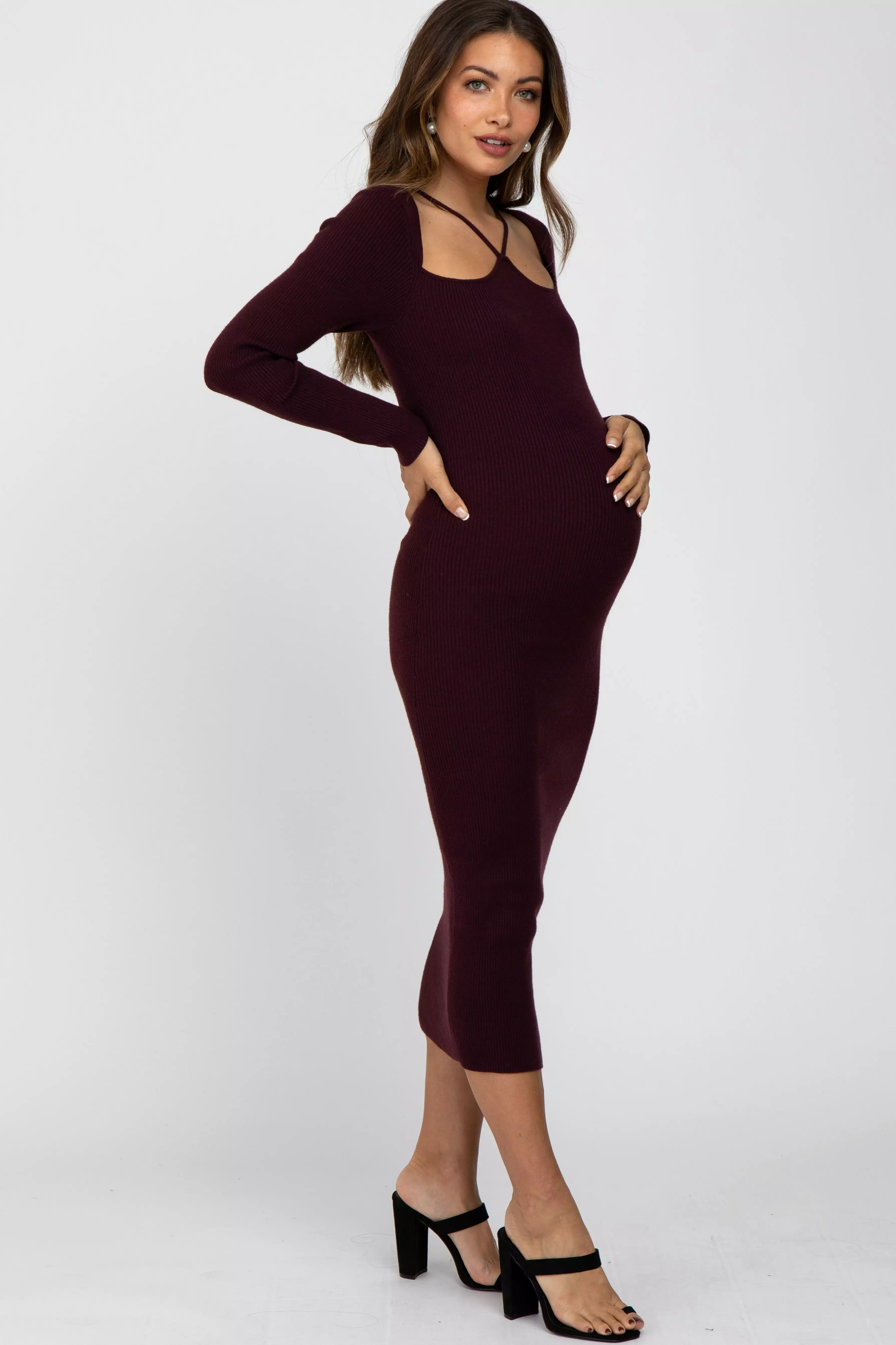 Plum Ribbed Strap Front Cutout Maternity Midi Dress