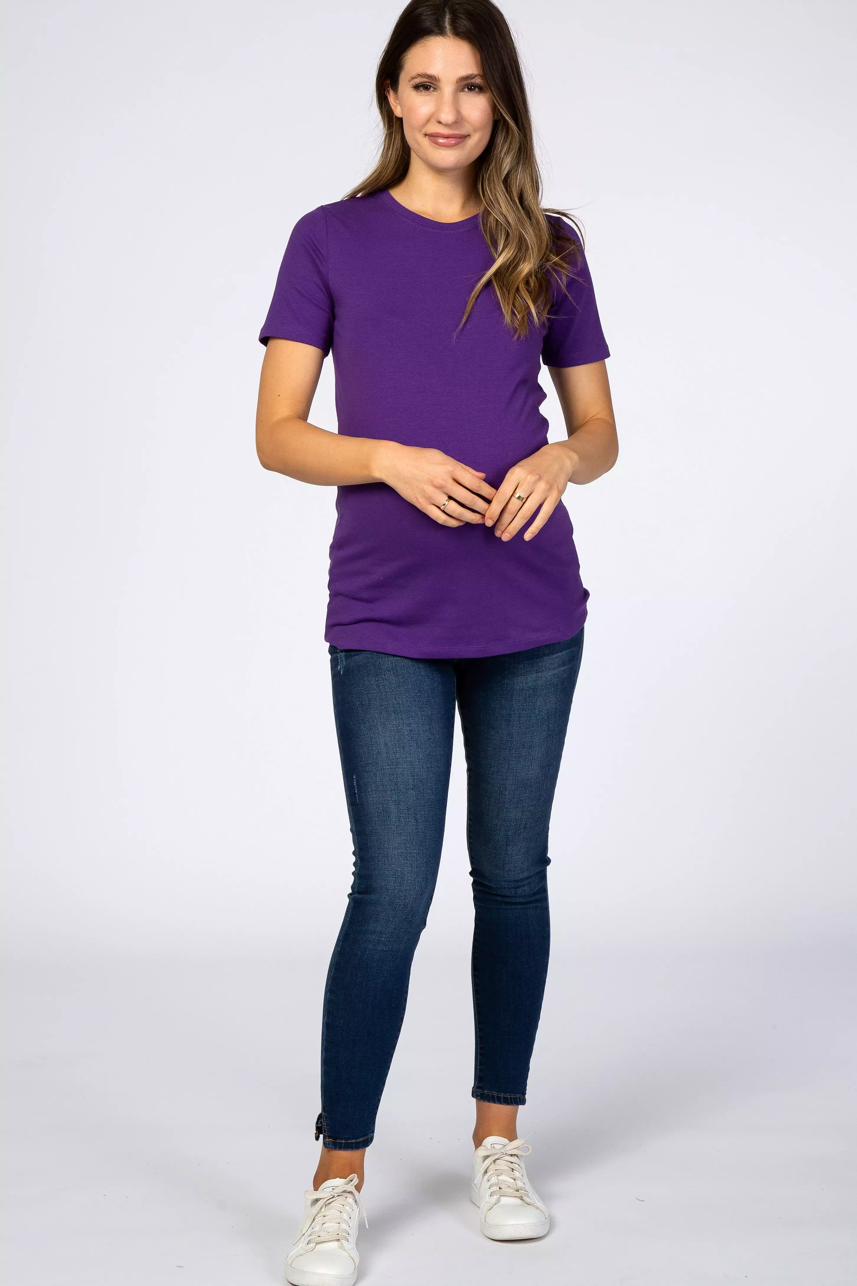 Purple Crew Neck Short Sleeve Maternity Top