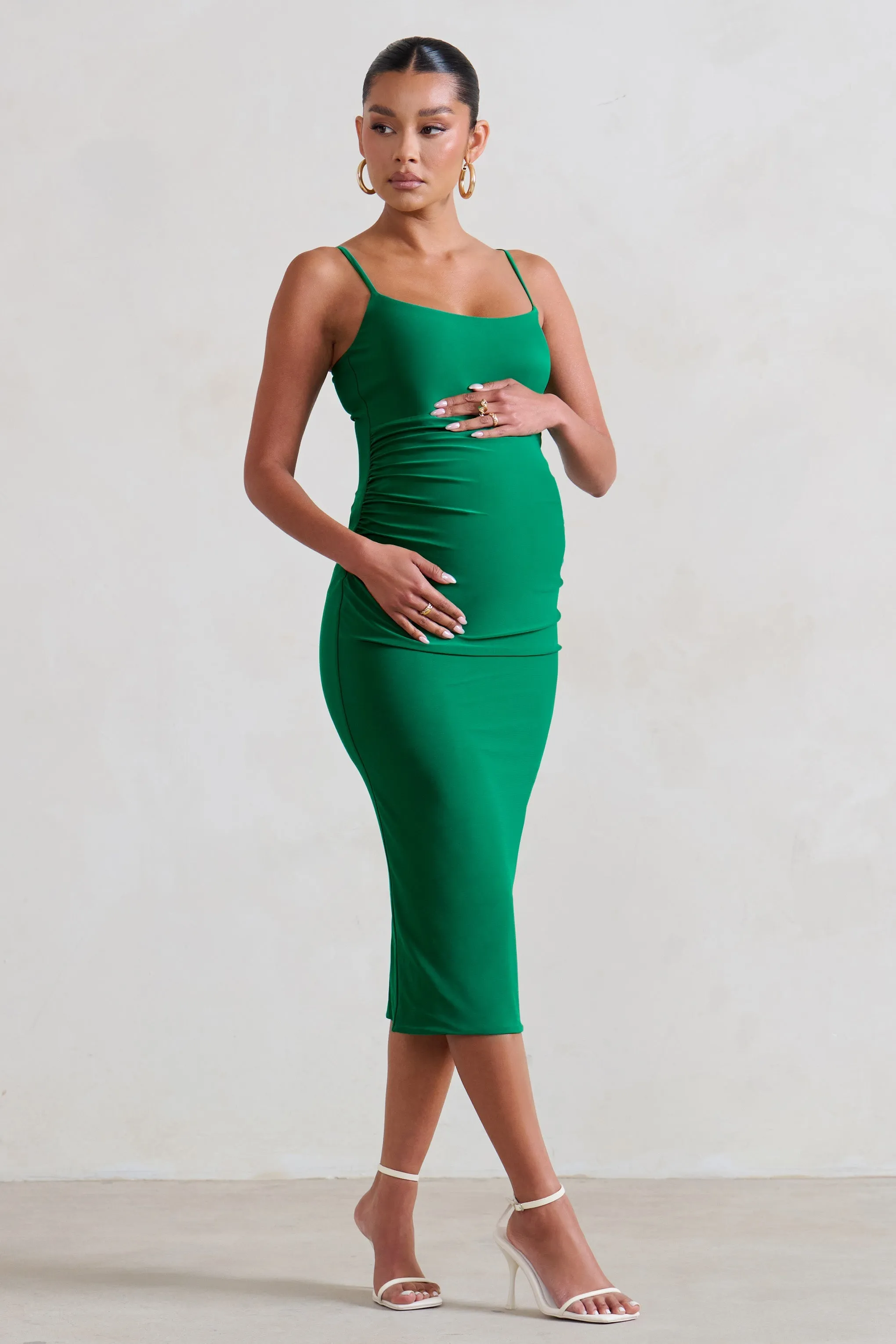 Raquel | Green Maternity Cami Midi Dress With Split