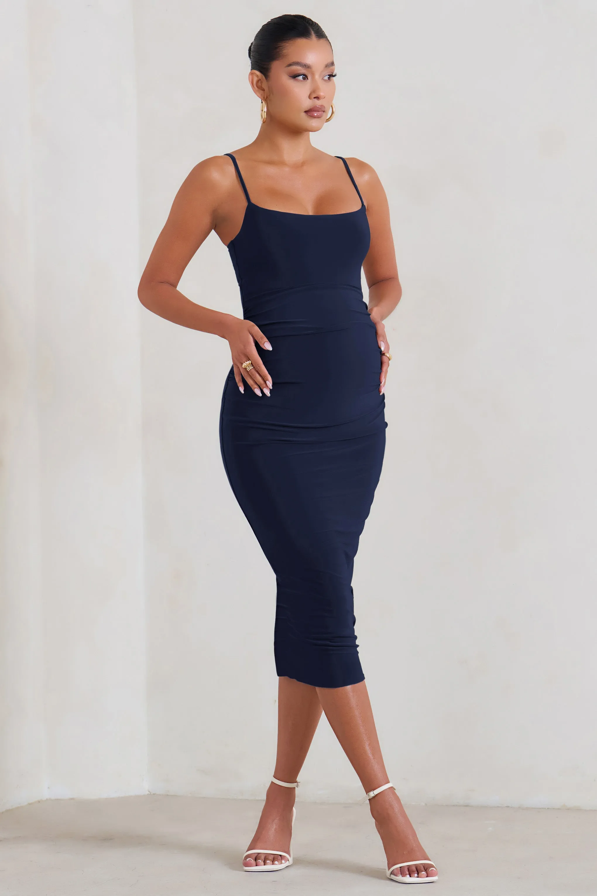 Raquel | Navy Maternity Cami Midi Dress With Split