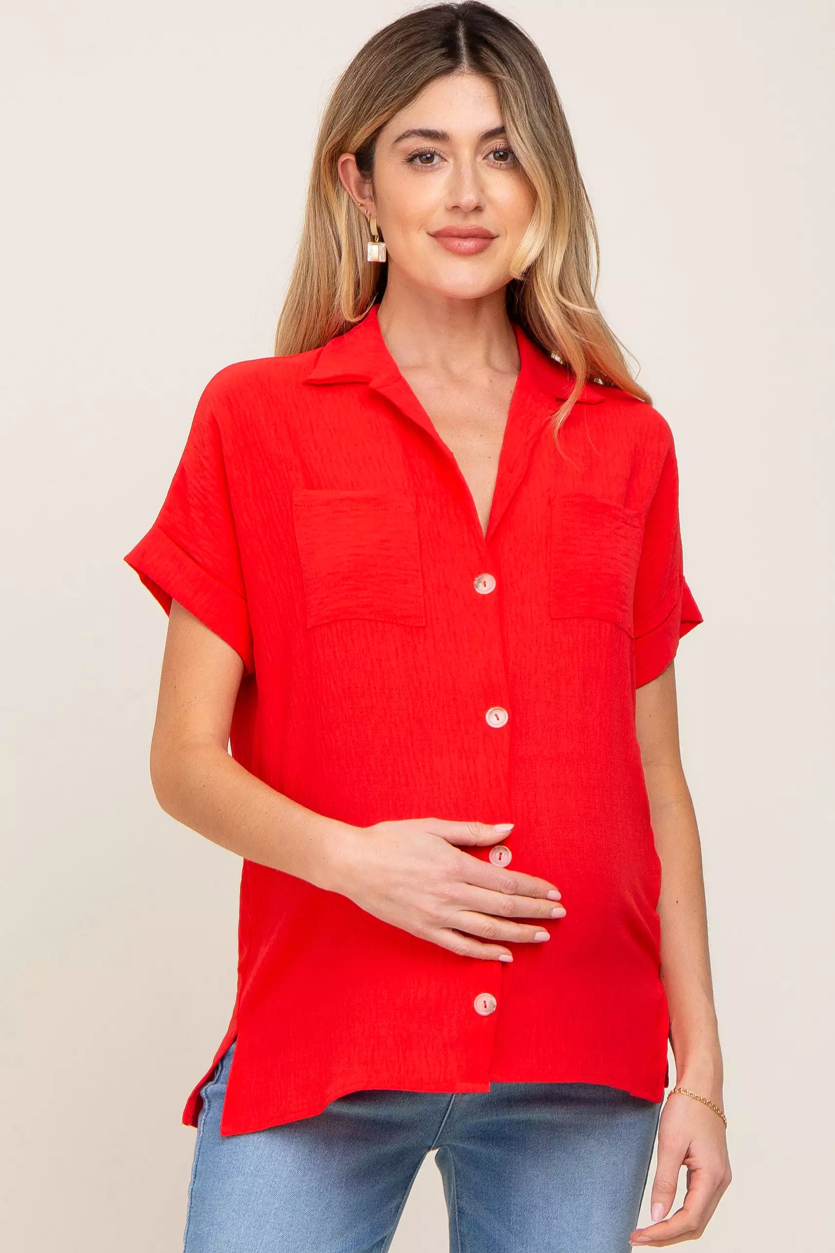 Red Collared Button-Down Short Sleeve Maternity Blouse