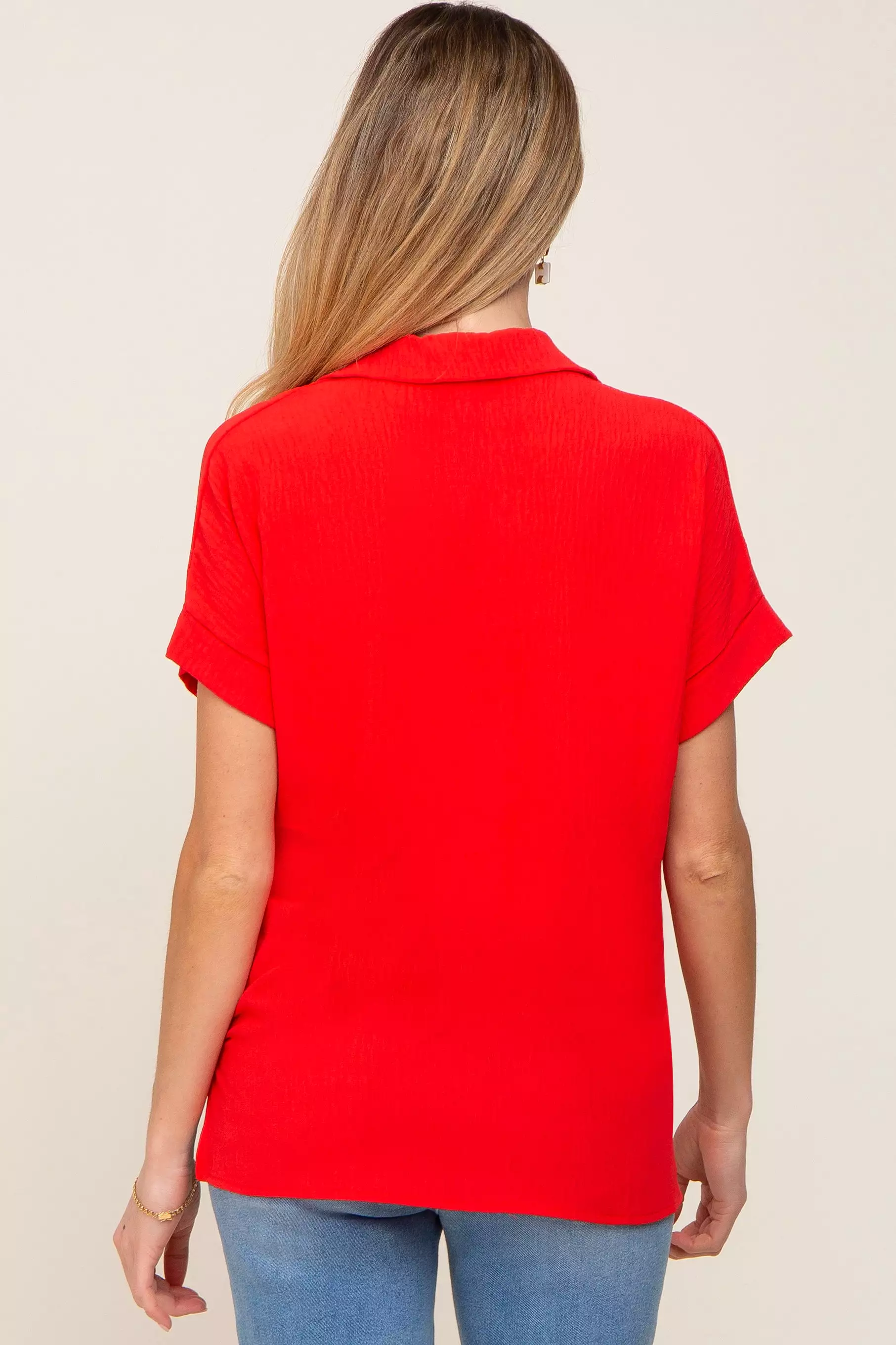 Red Collared Button-Down Short Sleeve Maternity Blouse