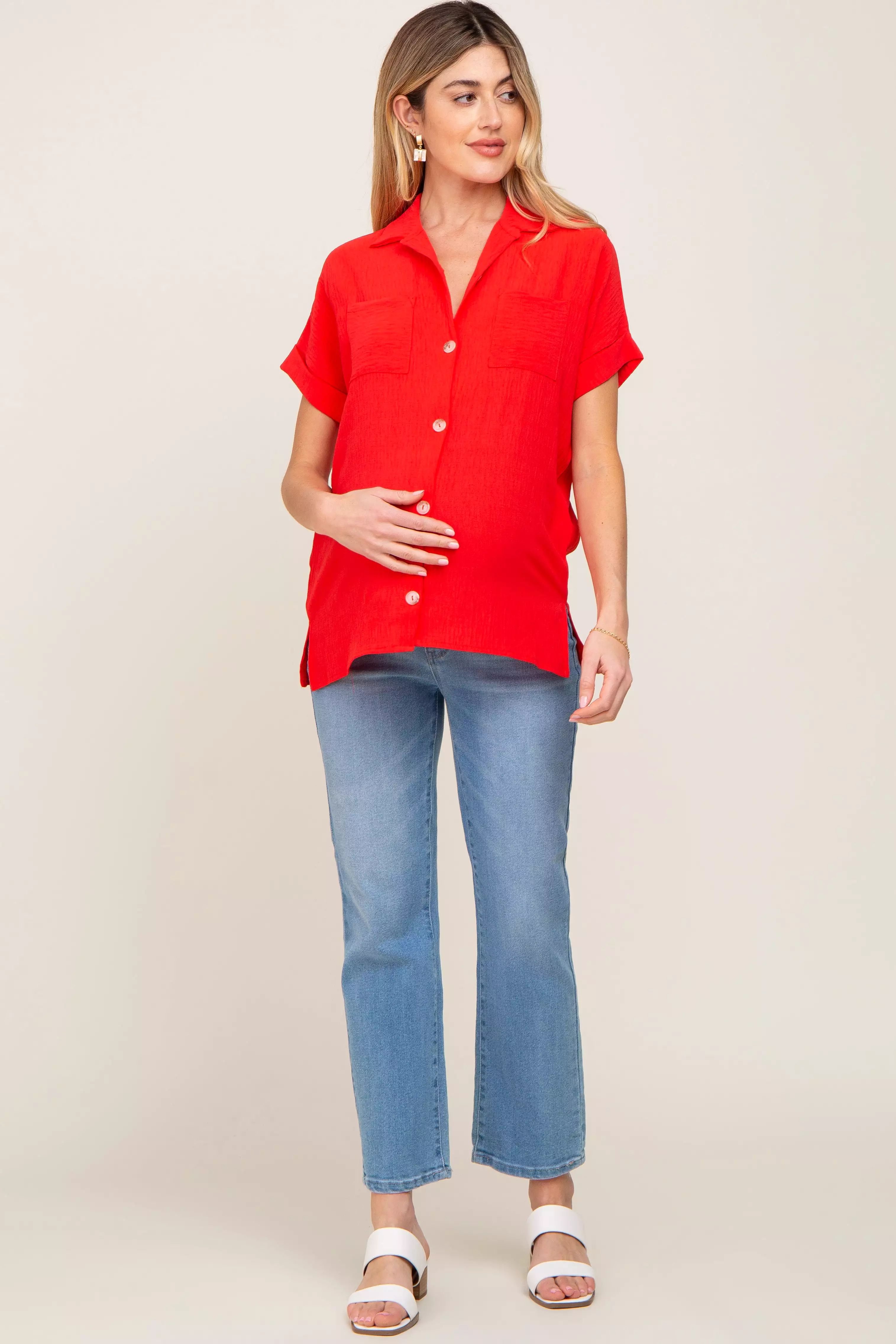 Red Collared Button-Down Short Sleeve Maternity Blouse