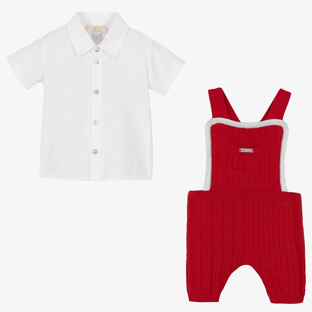 Red Knit Baby Dungaree Shorts Set