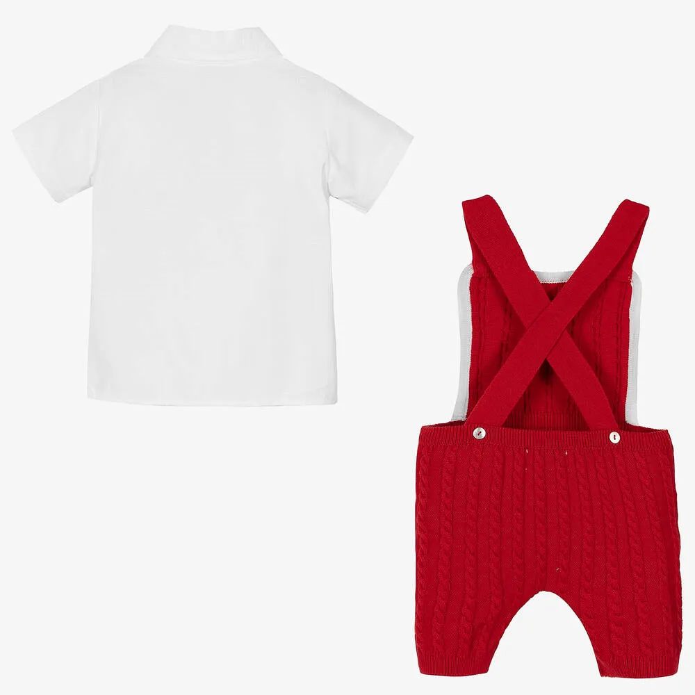 Red Knit Baby Dungaree Shorts Set