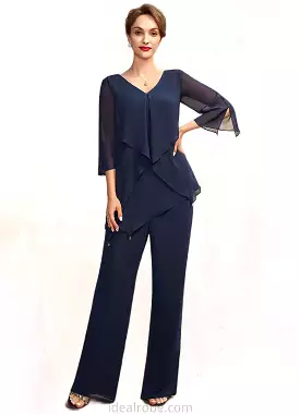 Riley Jumpsuit/Pantsuit V-neck Floor-Length Chiffon Mother of the Bride Dress With Cascading Ruffles STK126P0015019