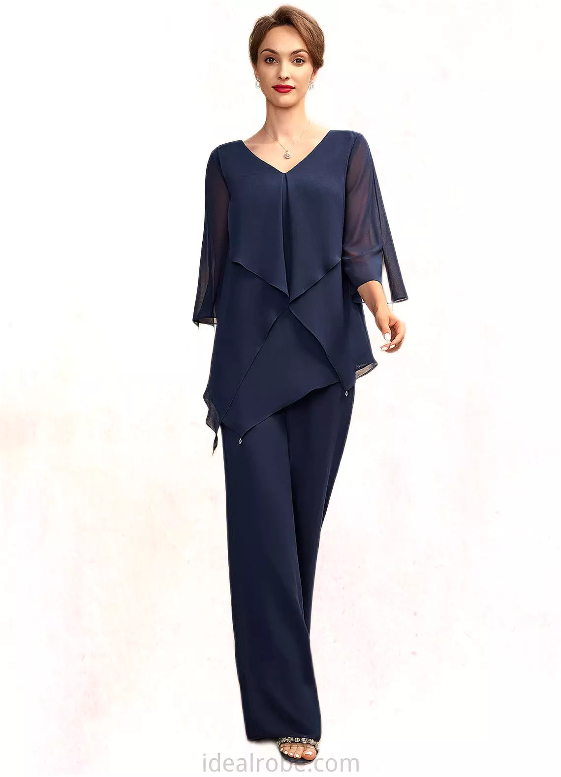 Riley Jumpsuit/Pantsuit V-neck Floor-Length Chiffon Mother of the Bride Dress With Cascading Ruffles STK126P0015019