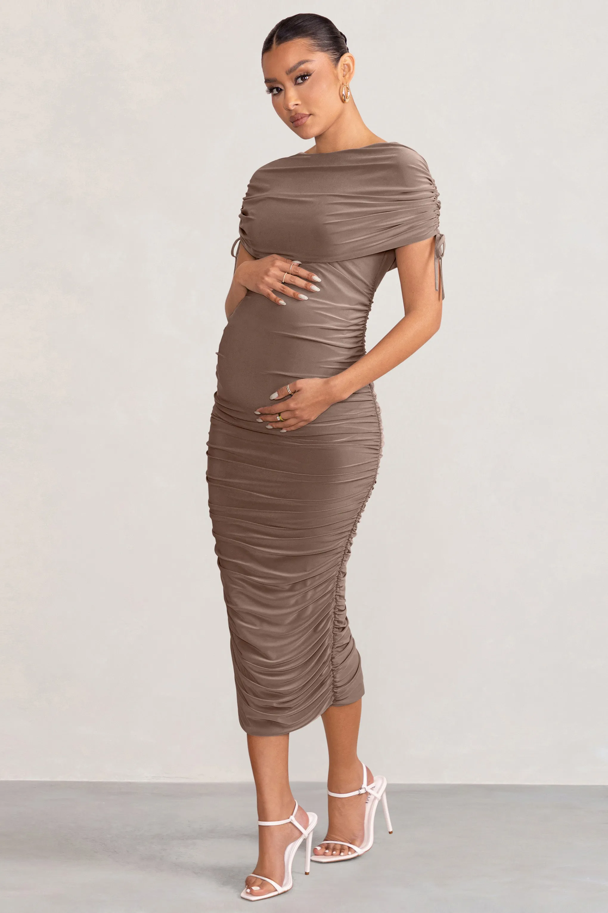 Roxanne | Mocha Ruched Bardot Maternity Midi Dress