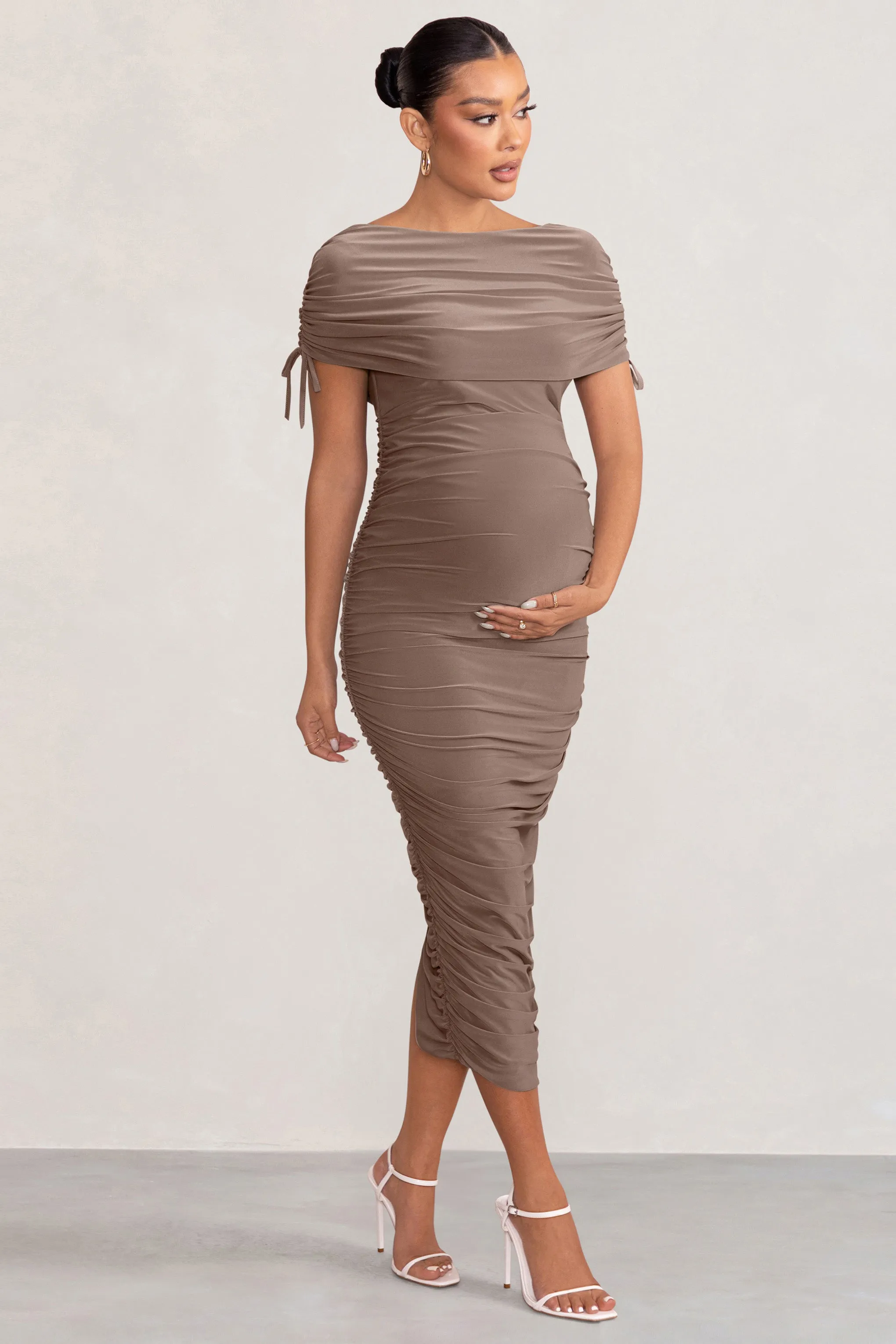 Roxanne | Mocha Ruched Bardot Maternity Midi Dress