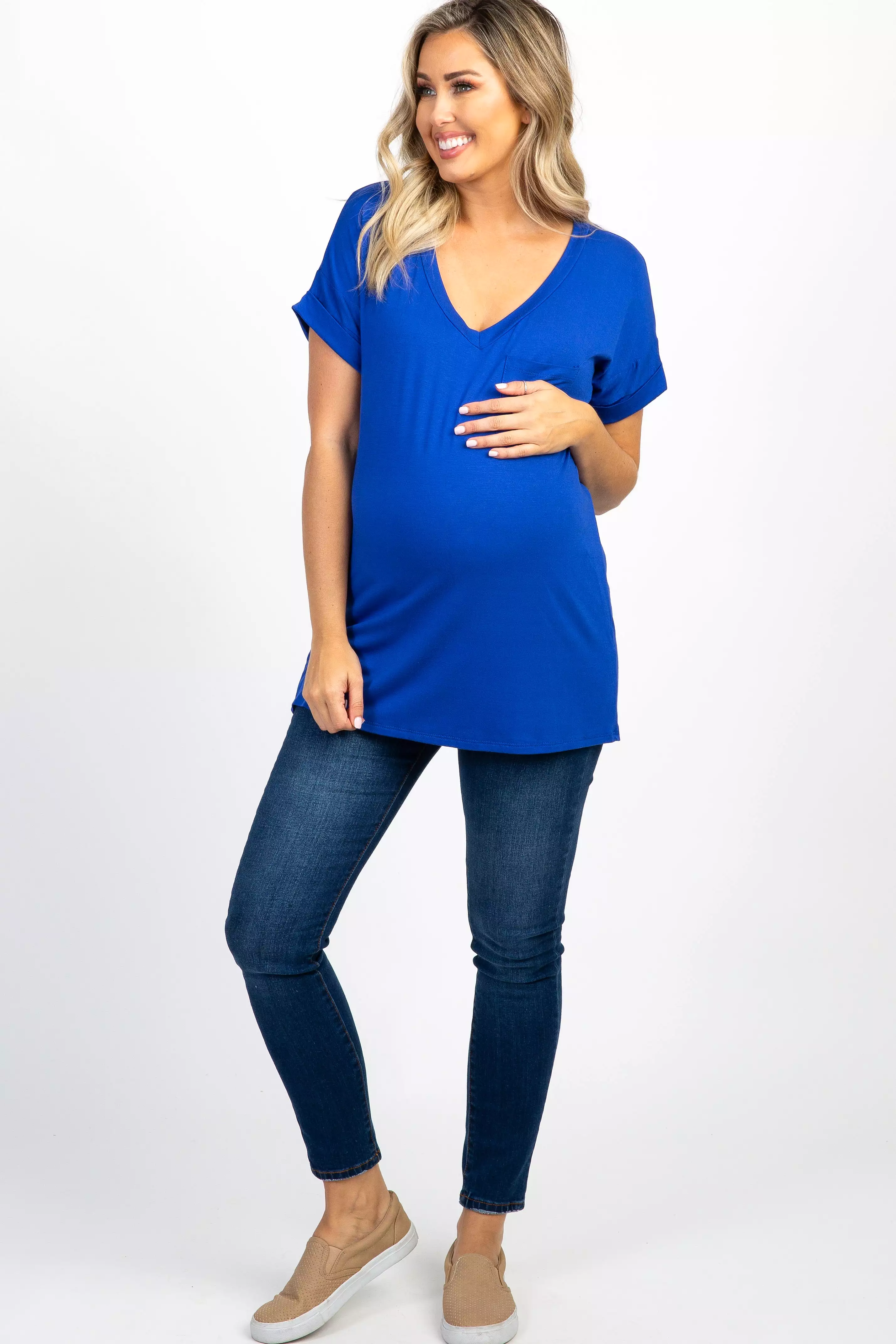 Royal Blue V-Neck Pocket Accent Maternity Top