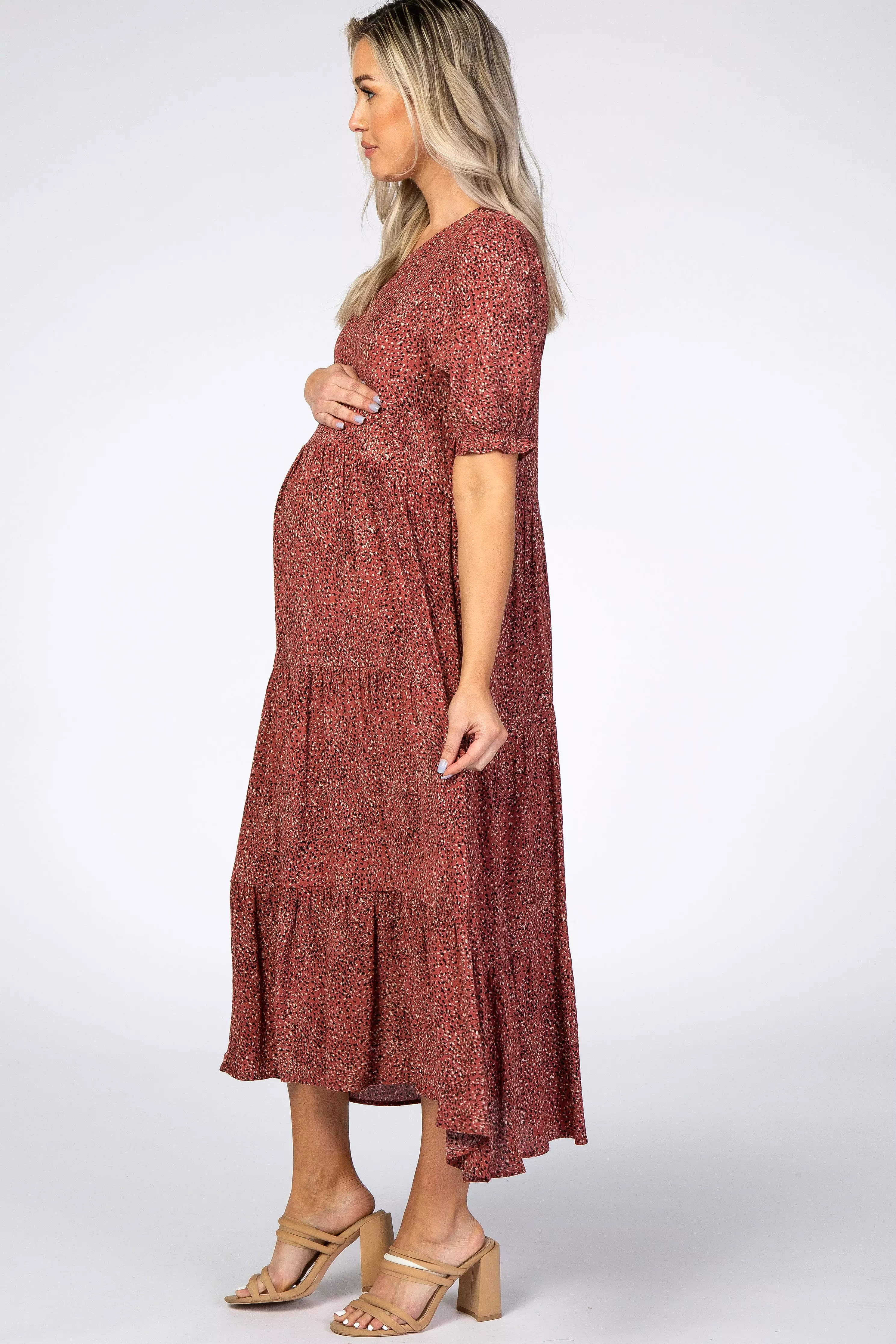 Rust Printed Tiered Maternity Midi Dress