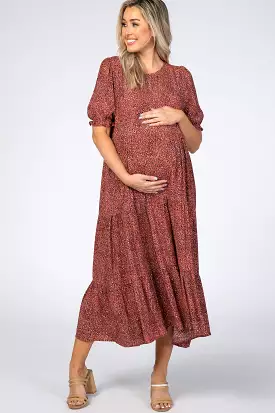 Rust Printed Tiered Maternity Midi Dress