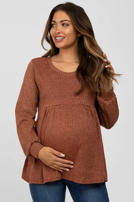 Rust Textured Knit Babydoll Long Sleeve Maternity Top