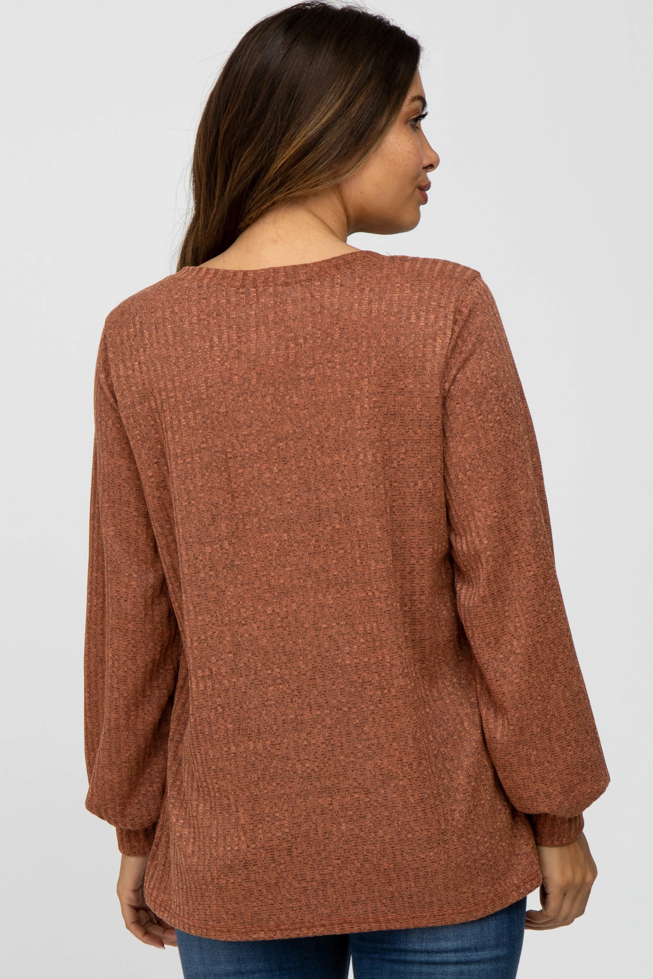 Rust Textured Knit Babydoll Long Sleeve Maternity Top