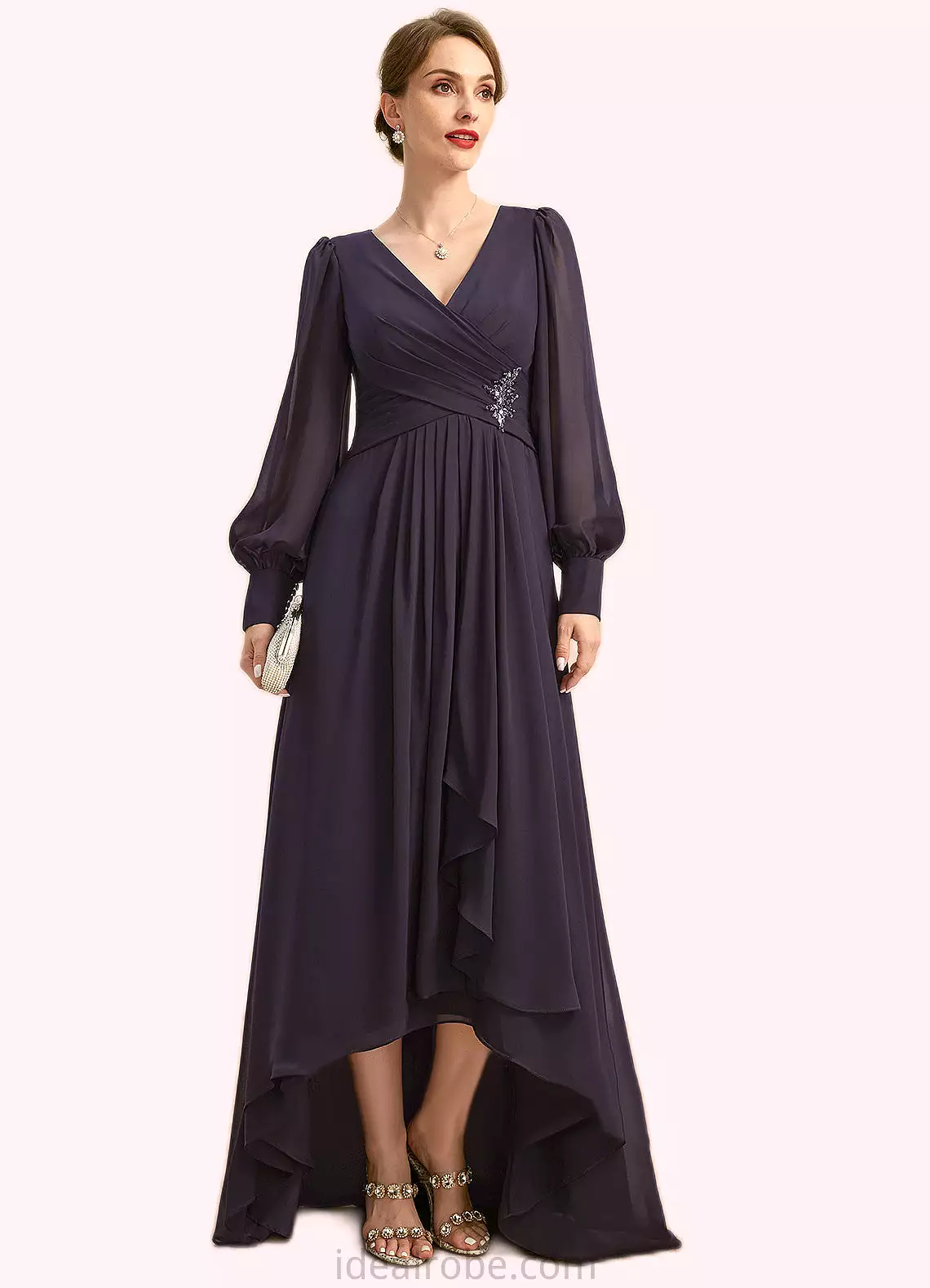 Ryan A-line V-Neck Asymmetrical Chiffon Mother of the Bride Dress With Beading Cascading Ruffles Sequins STKP0021893