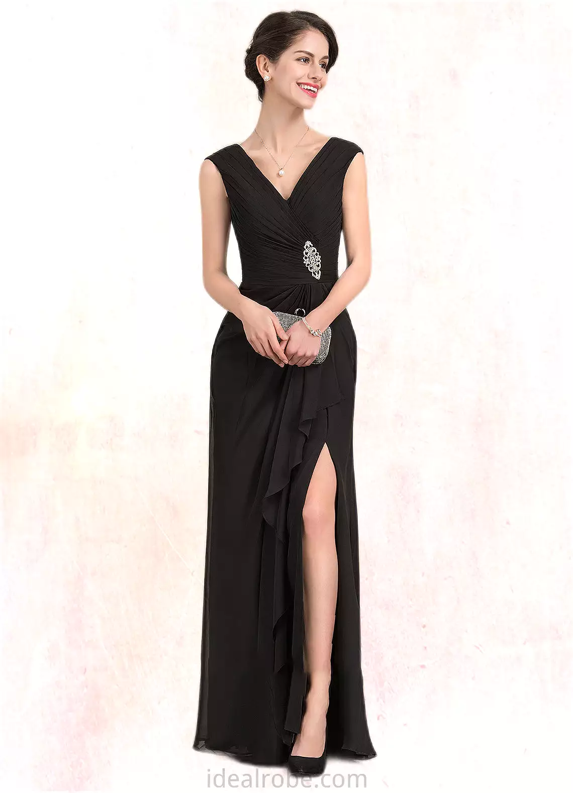 Sarah A-Line V-neck Floor-Length Chiffon Mother of the Bride Dress With Beading Split Front Cascading Ruffles STK126P0014623