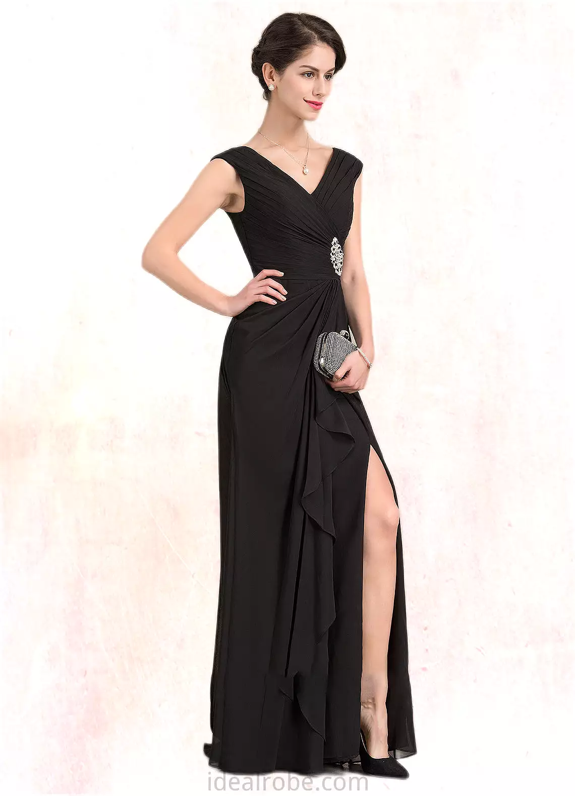 Sarah A-Line V-neck Floor-Length Chiffon Mother of the Bride Dress With Beading Split Front Cascading Ruffles STK126P0014623