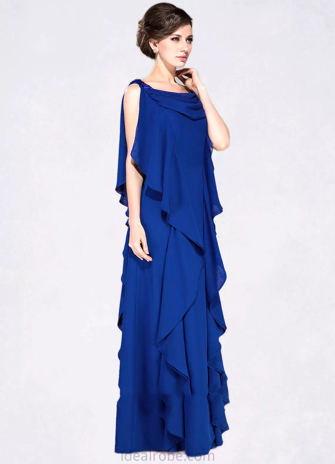 Savannah A-Line Cowl Neck Floor-Length Chiffon Mother of the Bride Dress With Beading Sequins Cascading Ruffles STK126P0014907