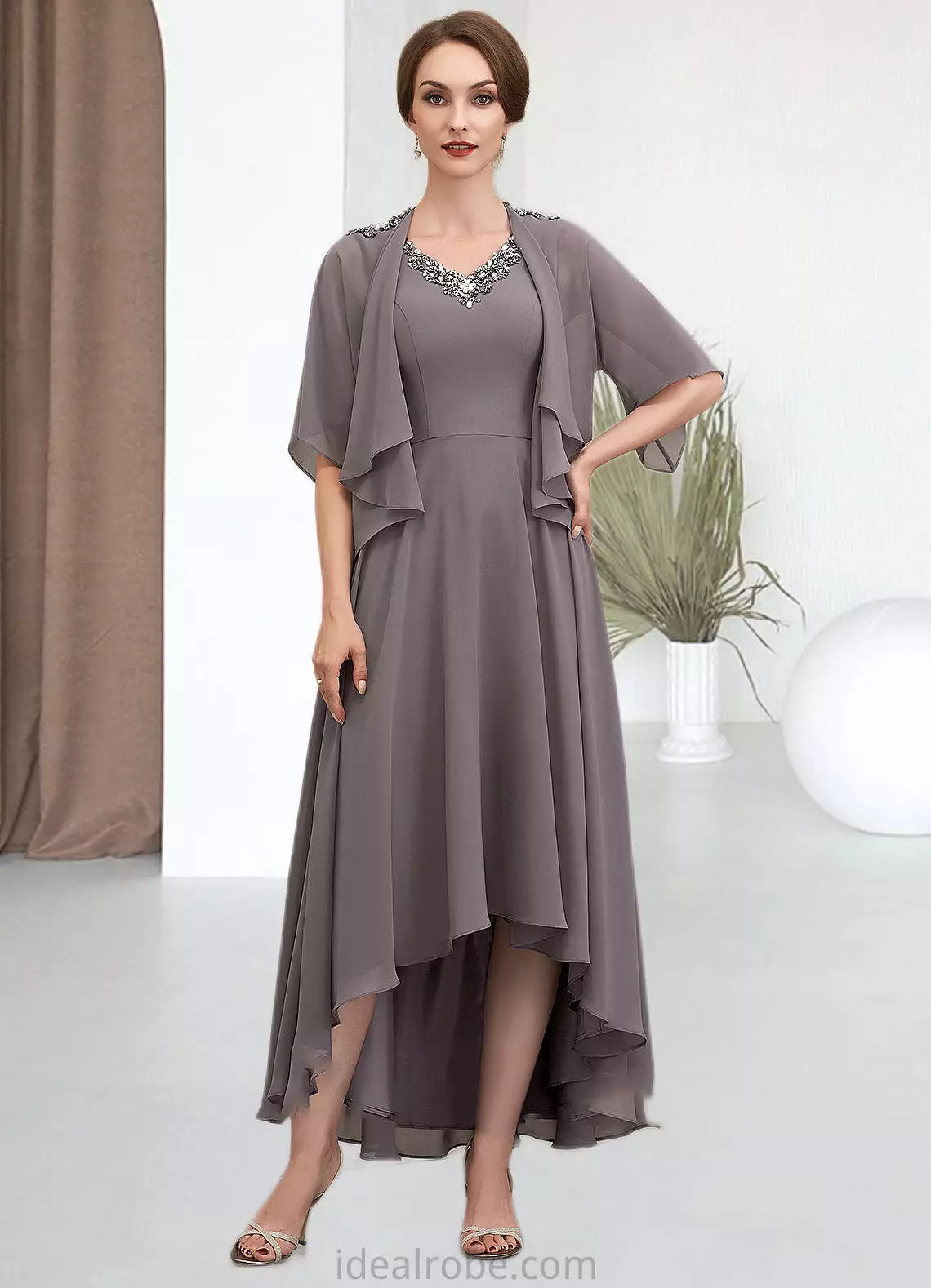 Savannah A-line V-Neck Asymmetrical Chiffon Mother of the Bride Dress With Beading Sequins STK126P0014656