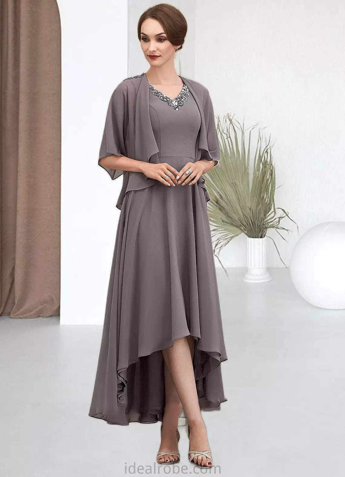 Savannah A-line V-Neck Asymmetrical Chiffon Mother of the Bride Dress With Beading Sequins STK126P0014656