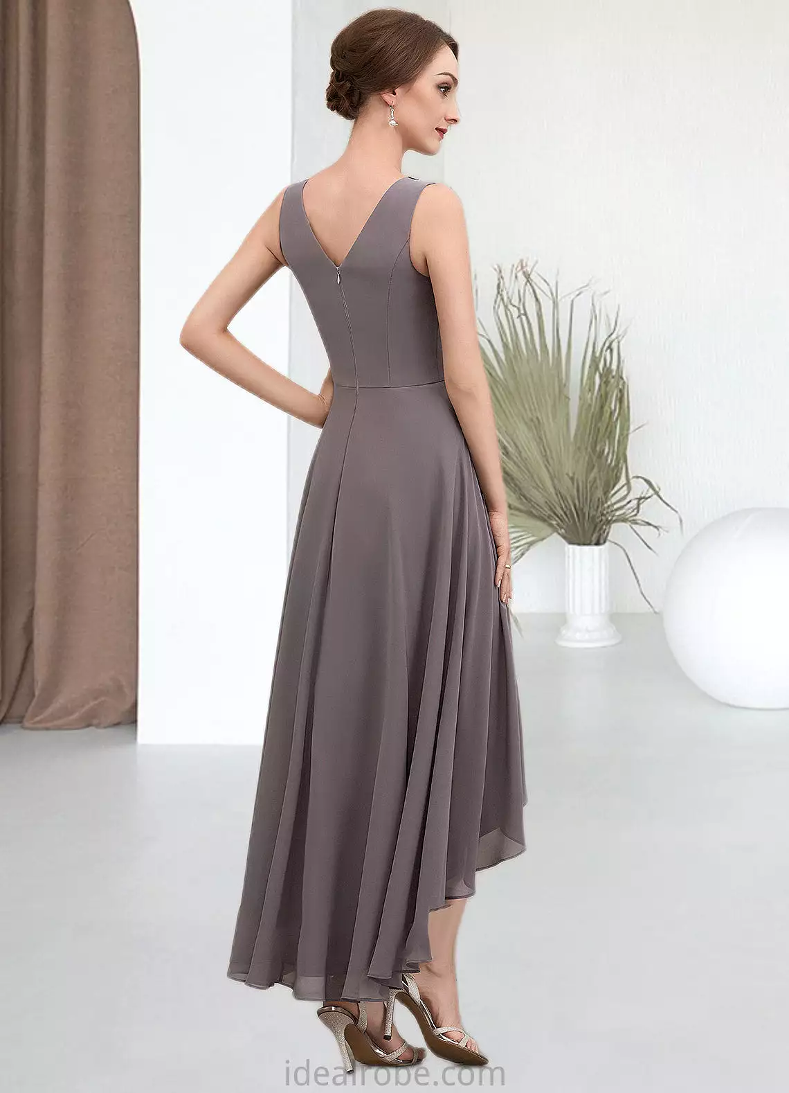 Savannah A-line V-Neck Asymmetrical Chiffon Mother of the Bride Dress With Beading Sequins STK126P0014656