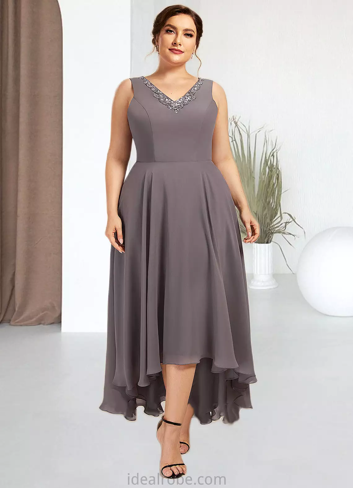 Savannah A-line V-Neck Asymmetrical Chiffon Mother of the Bride Dress With Beading Sequins STK126P0014656