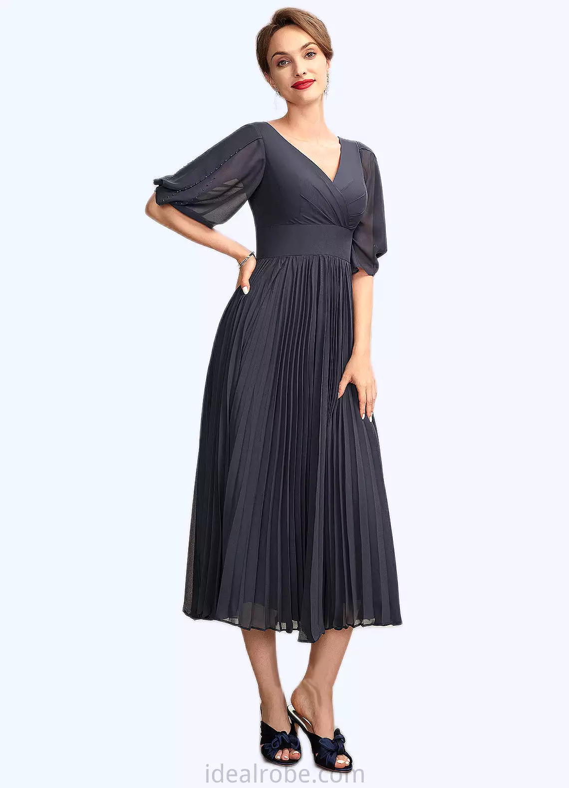 Selah A-Line V-neck Tea-Length Chiffon Mother of the Bride Dress With Pleated STK126P0015012