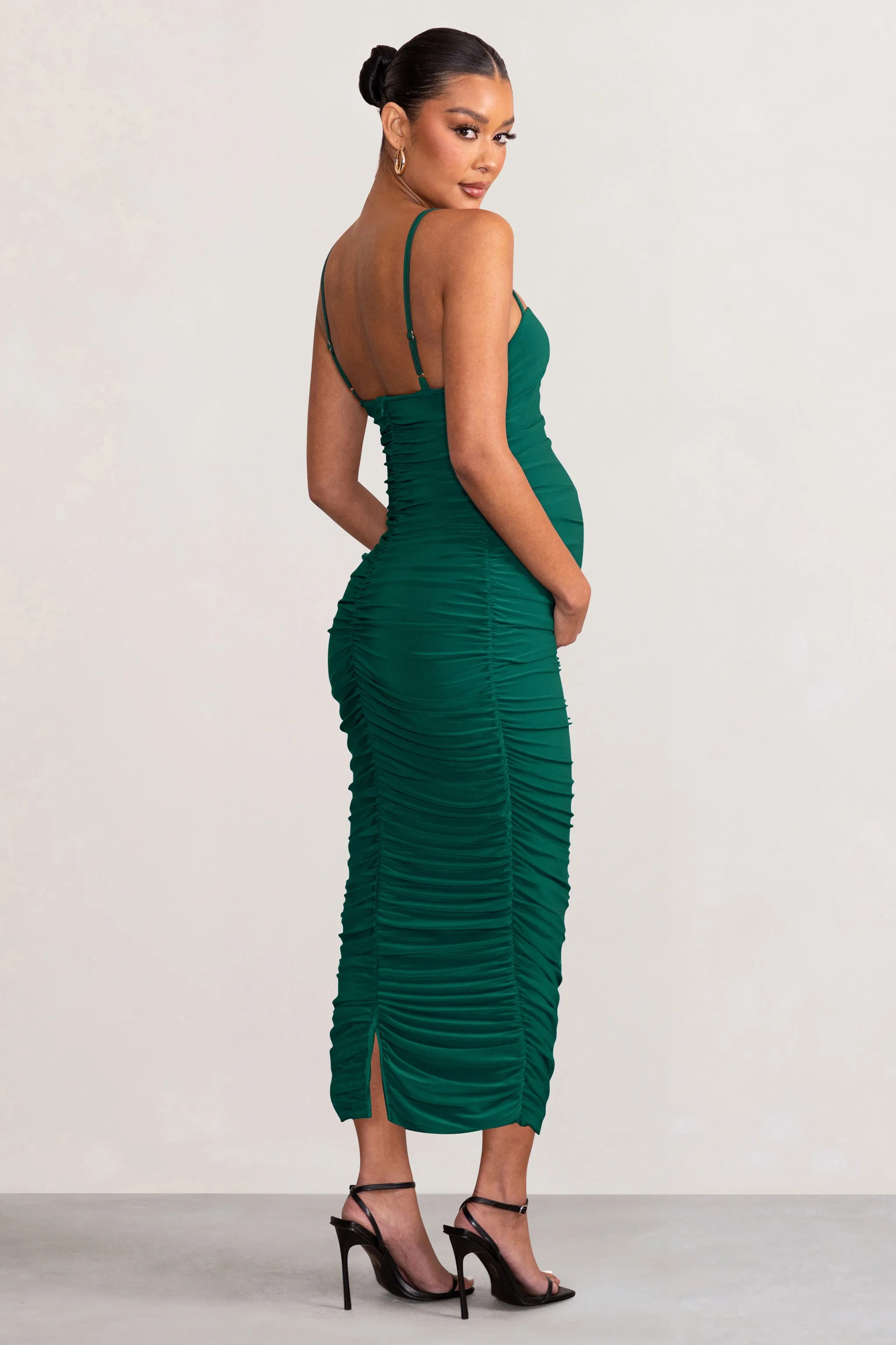 Sentimental | Bottle Green Maternity Midi Dress with Cami Straps and Ruching